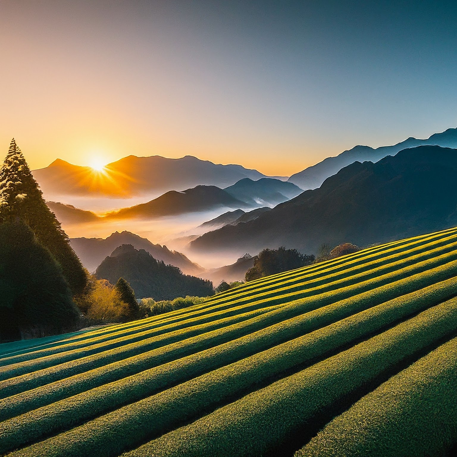 Alishan Sunrise, Taiwan, with layers of mist on mountains and sunlight on tea plantations.