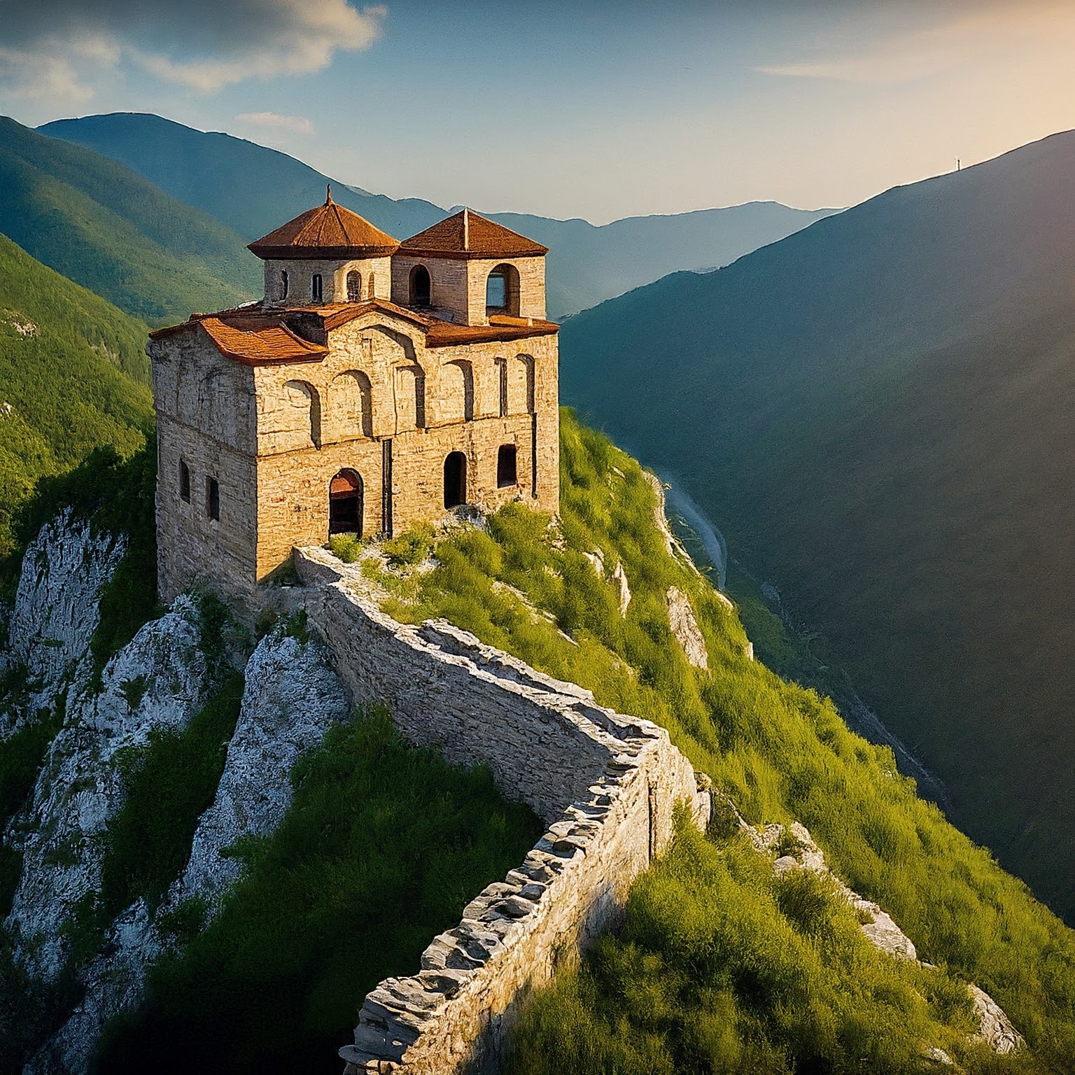 Asen’s Fortress, Bulgaria, perched on a clifftop overlooking a valley at sunset.