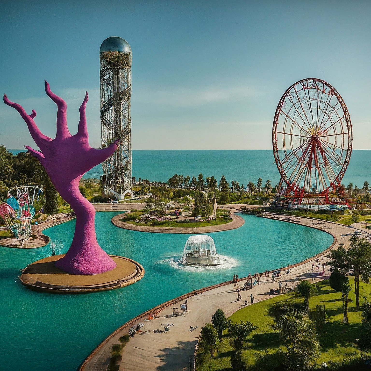 Miracle Park in Batumi, Georgia, with sculptures, waterfalls, and Ferris wheel.