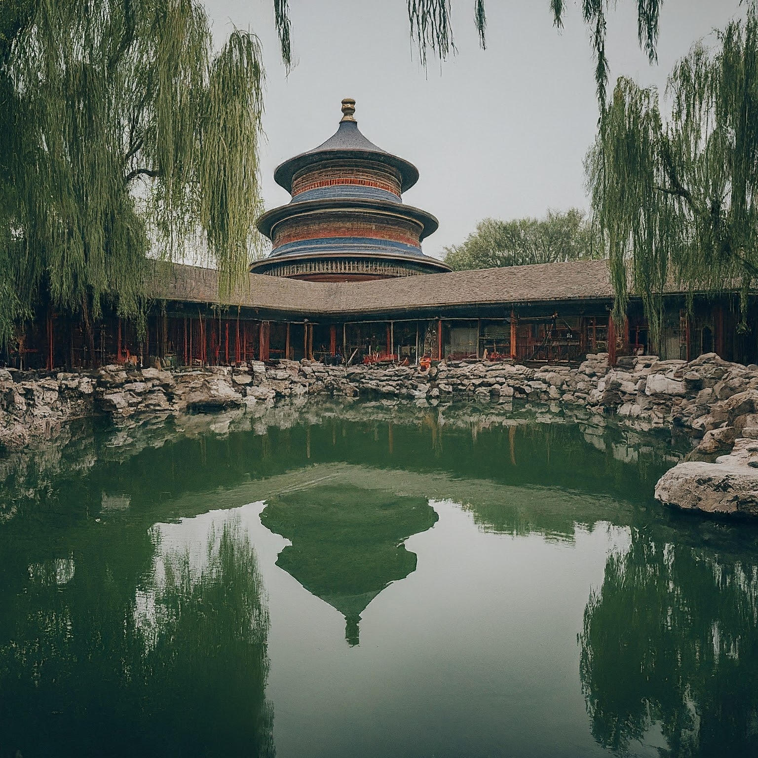 Serene temple garden with pagodas and koi ponds in Beijing, China.