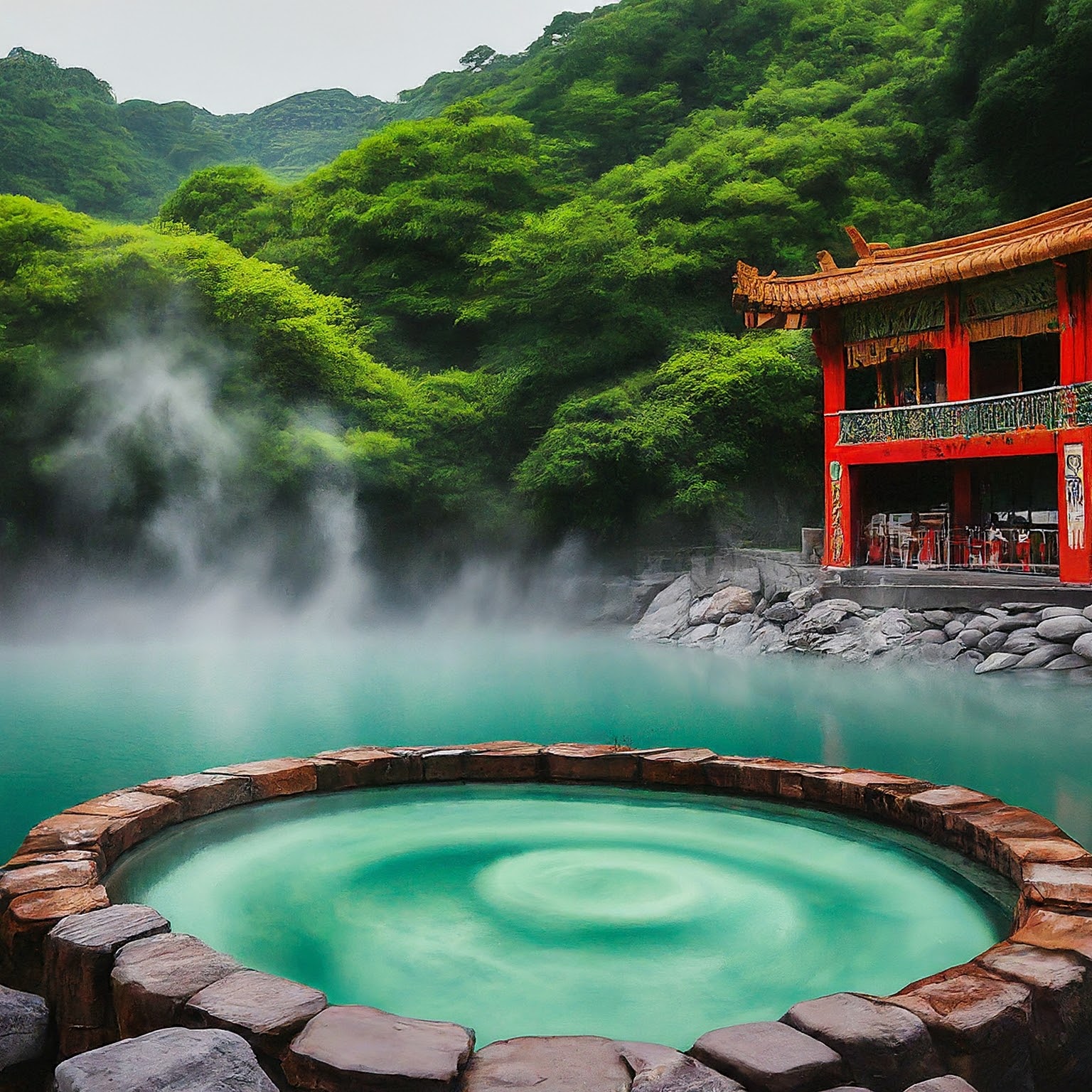 Traditional hot spring pool at Beitou Hot Springs, Taiwan, with steam rising and surrounded by greenery.
