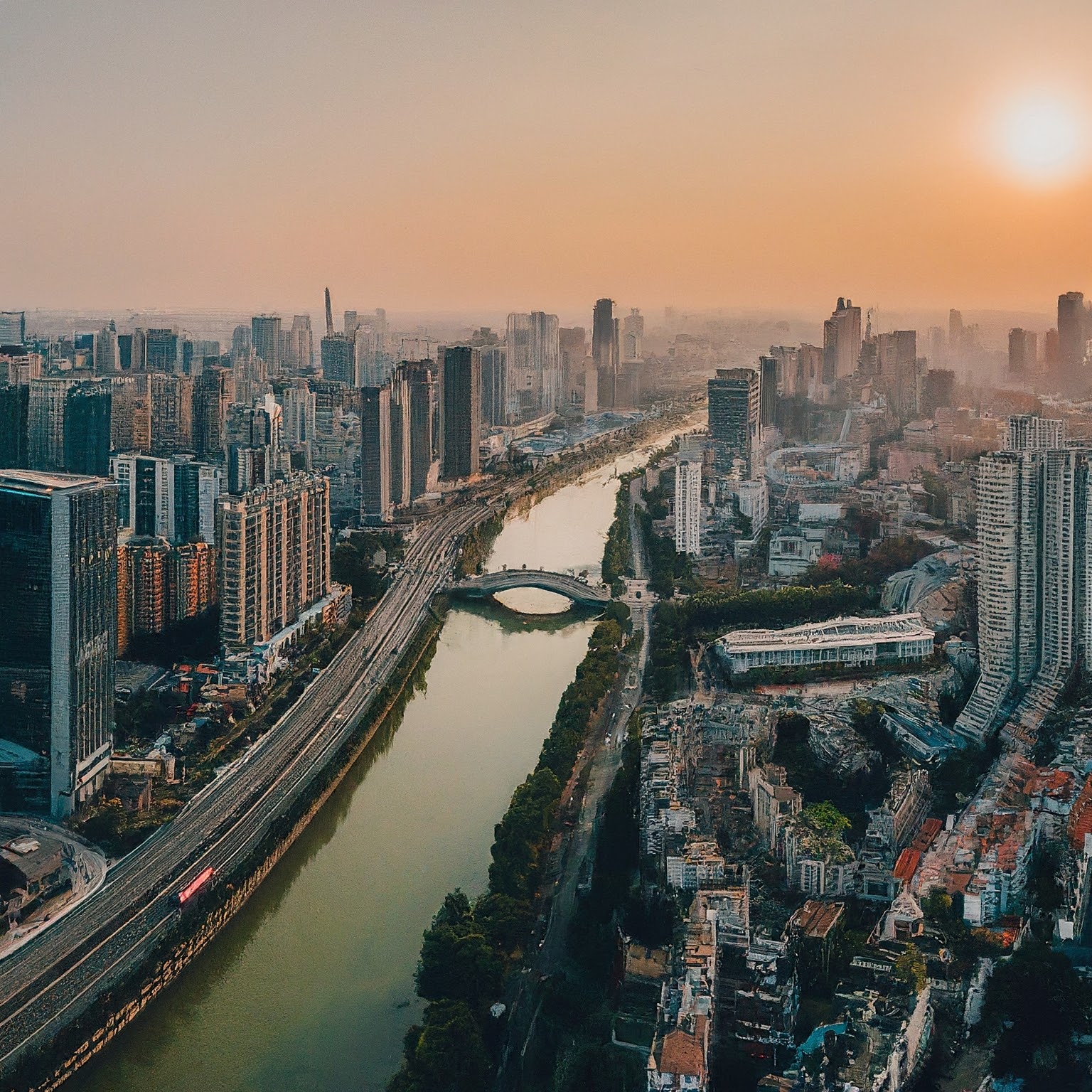 Panoramic view of Chengdu, China, at sunset, with modern cityscape and Jinjiang River.