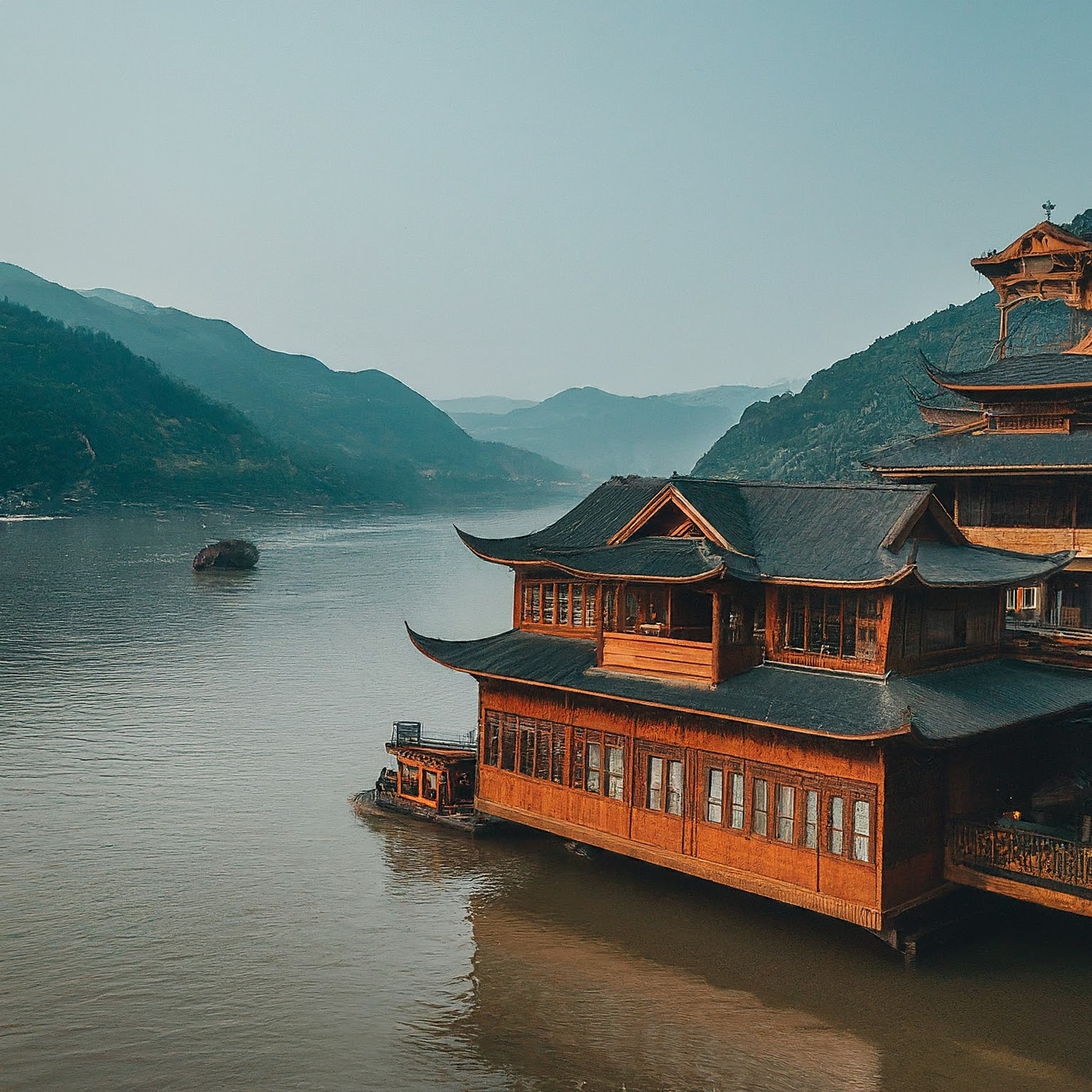 Traditional stilted house along the Jialing River in Chongqing, China, with boats and mountains.