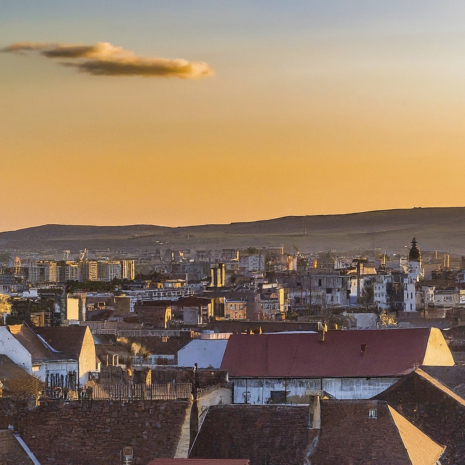 Panoramic view of Cluj-Napoca, Romania, at sunset with colorful rooftops and hills.
