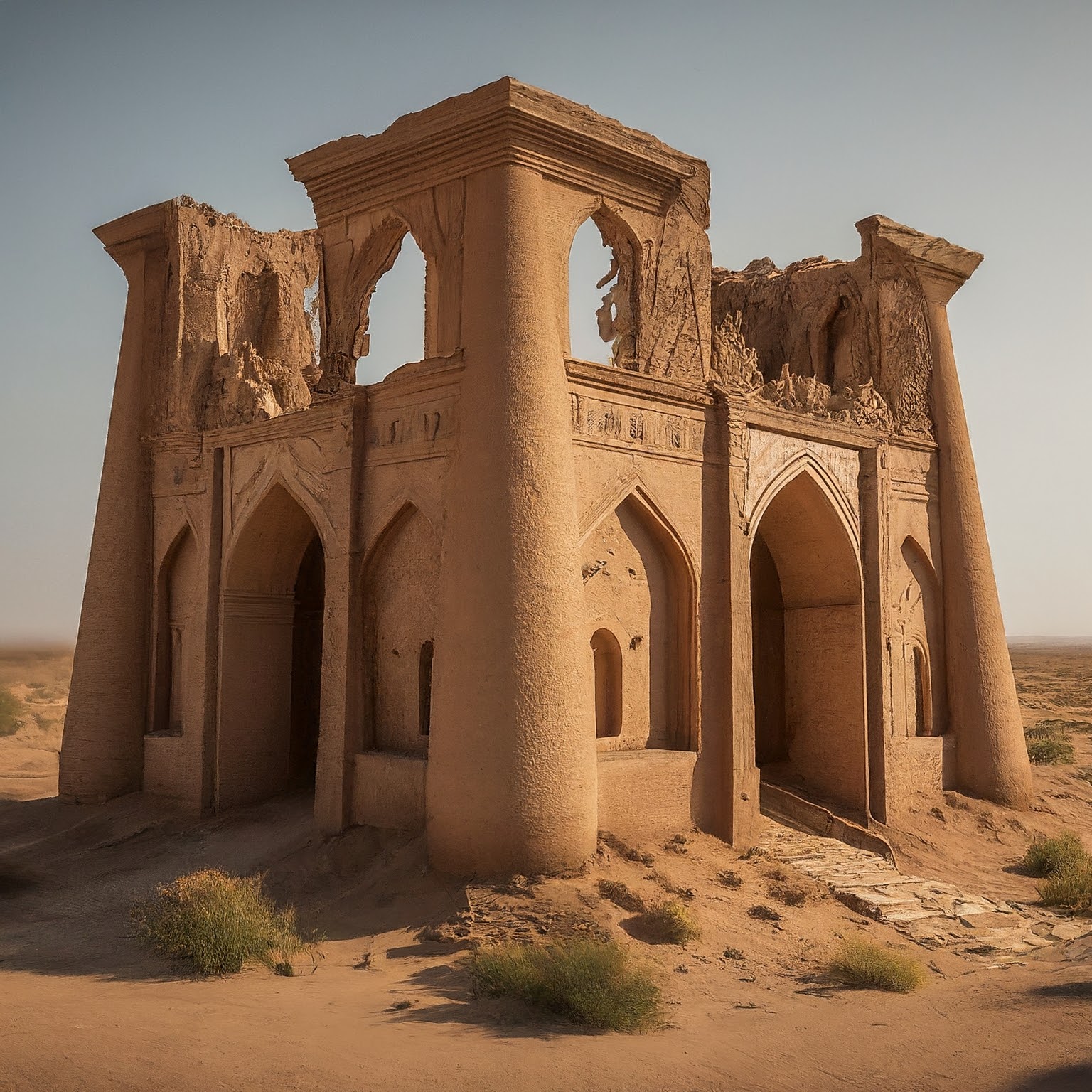 Ancient ruins of Dekhistan, Turkmenistan, bathed in warm desert sunlight.