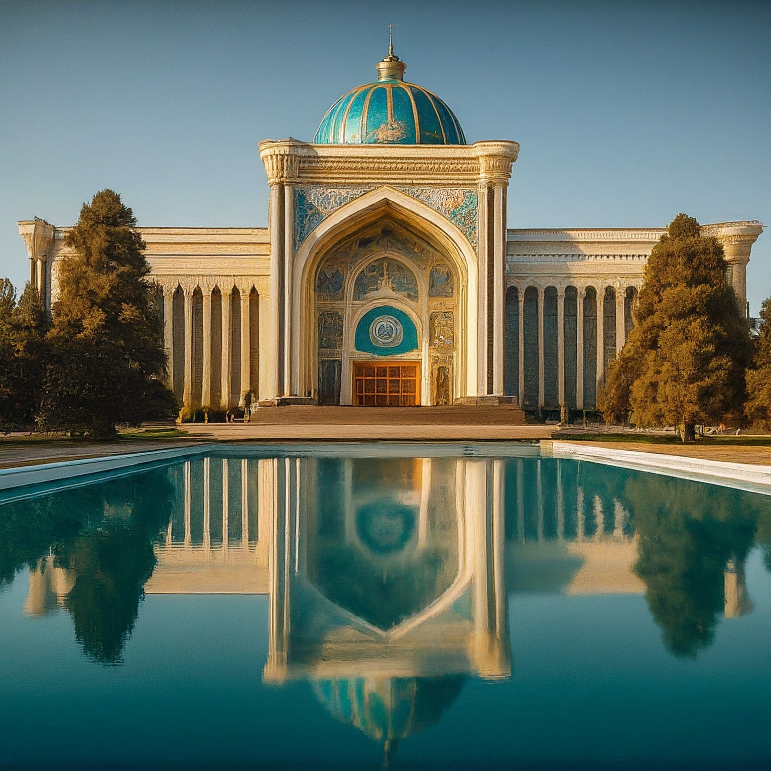 Dushanbe Palace of Culture, Tajikistan, with ornate facade and reflecting pool.