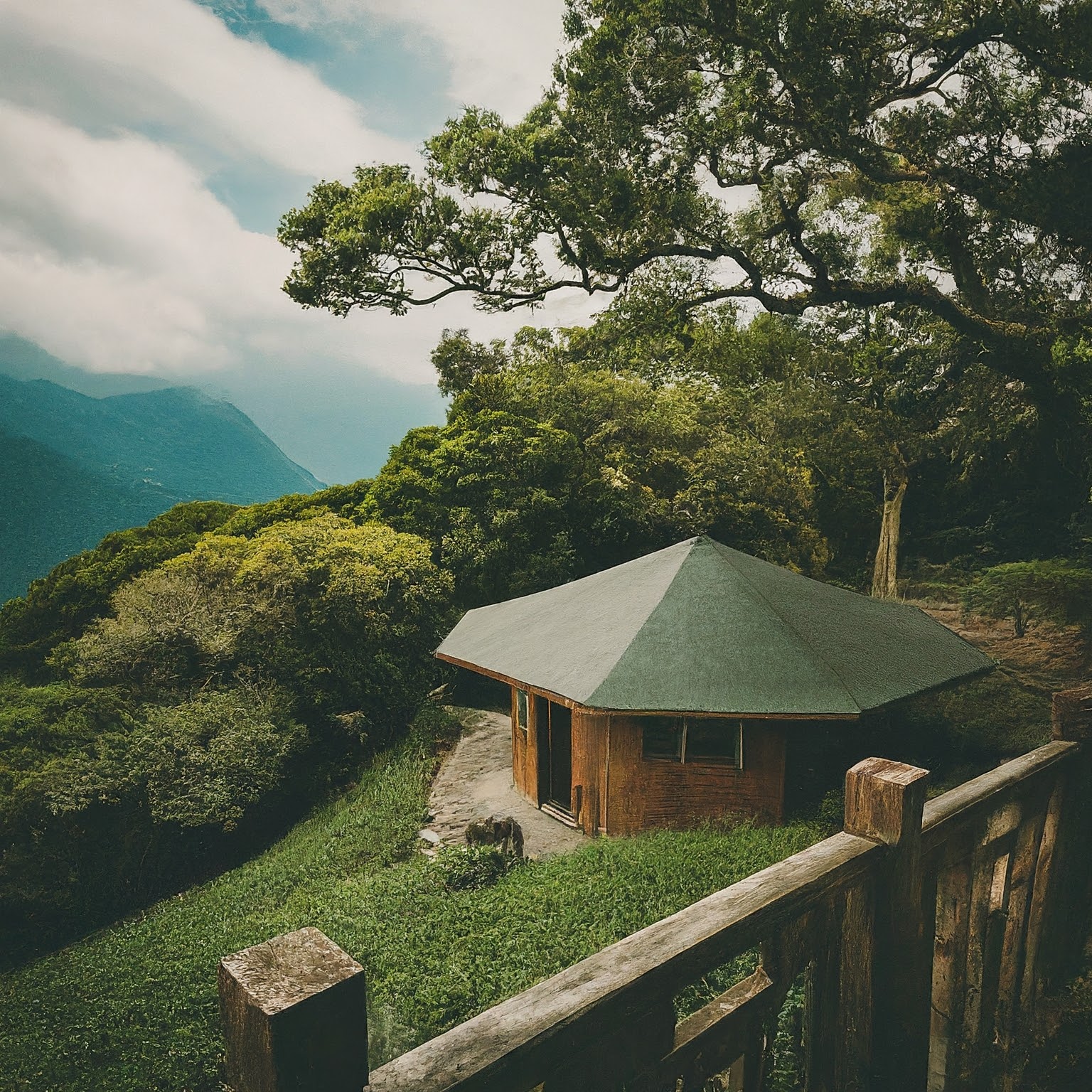 Traditional tea house on Elephant Mountain, Taiwan, with a tranquil setting.