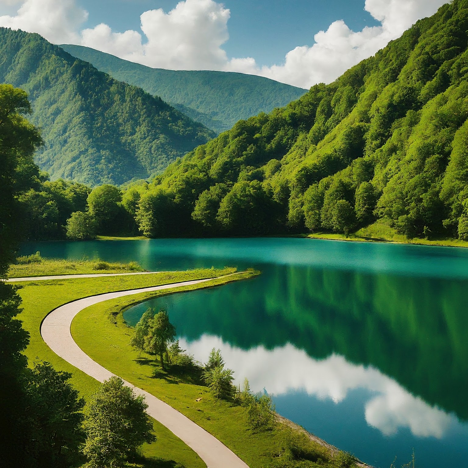 Lake Rizitsa, a tranquil lake surrounded by greenery and walking paths, in Gagra, Georgia.