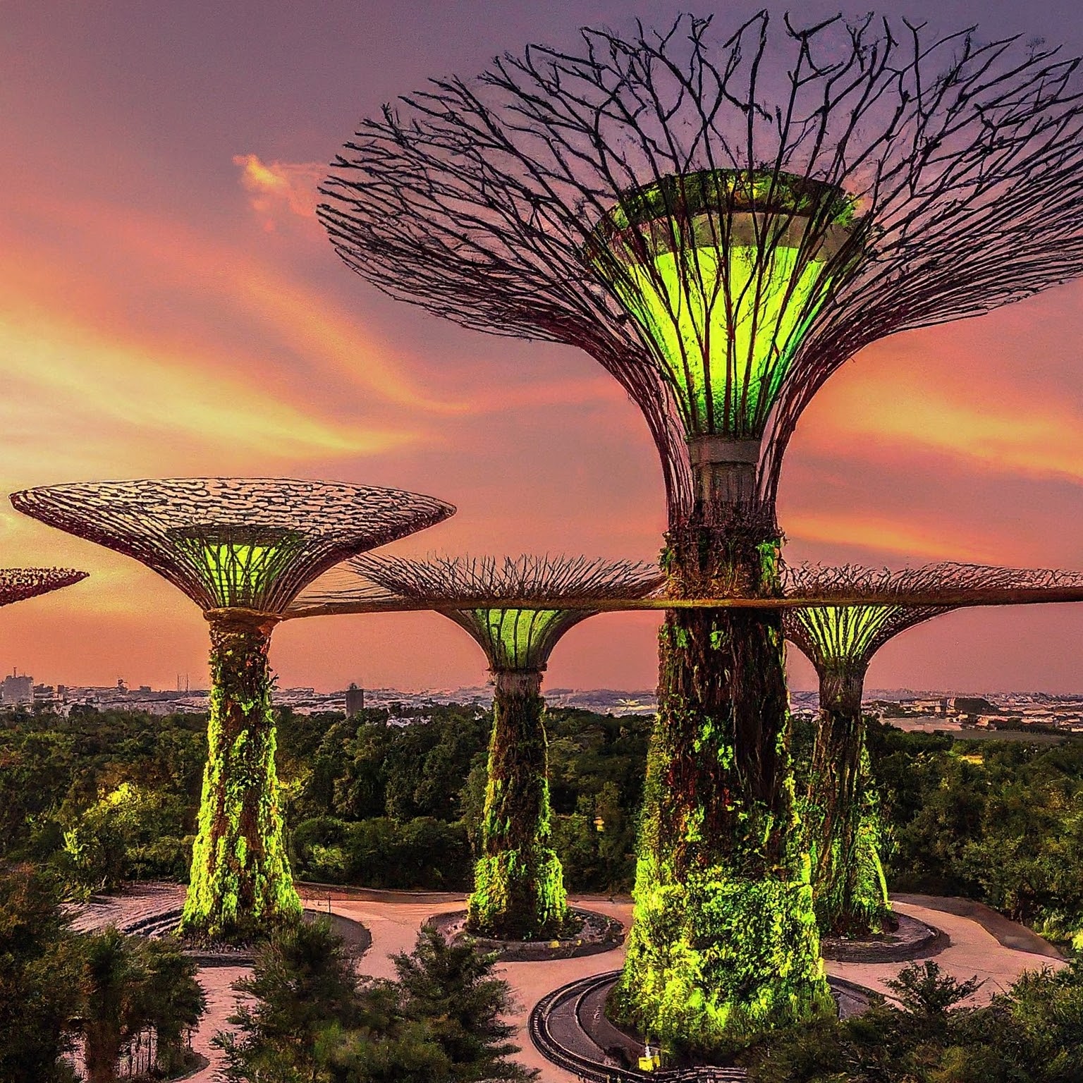 Supertrees Grove at Gardens by the Bay illuminated at sunset, Singapore.