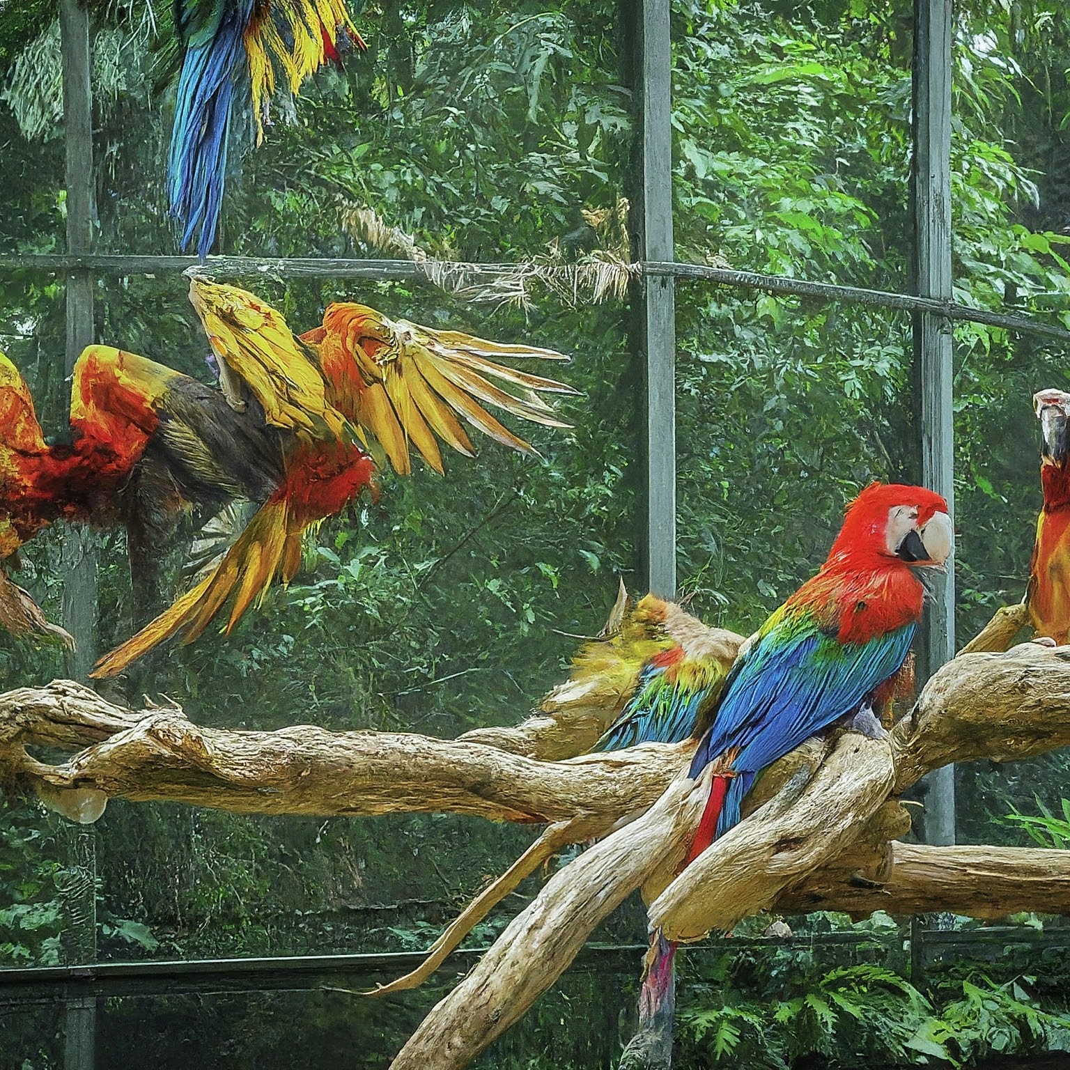 Vibrant birds flying freely in a netted enclosure at Jurong Bird Park.