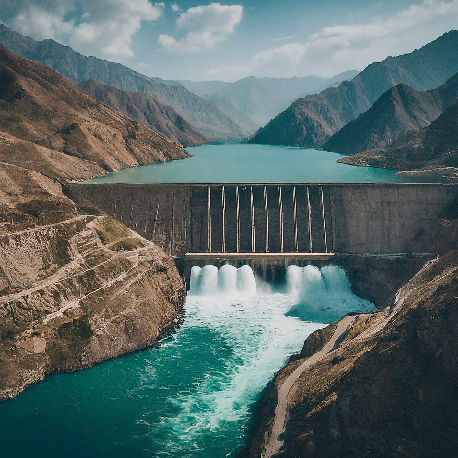 Kairakum Hydroelectric Power Plant in Tajikistan, dam and churning water.