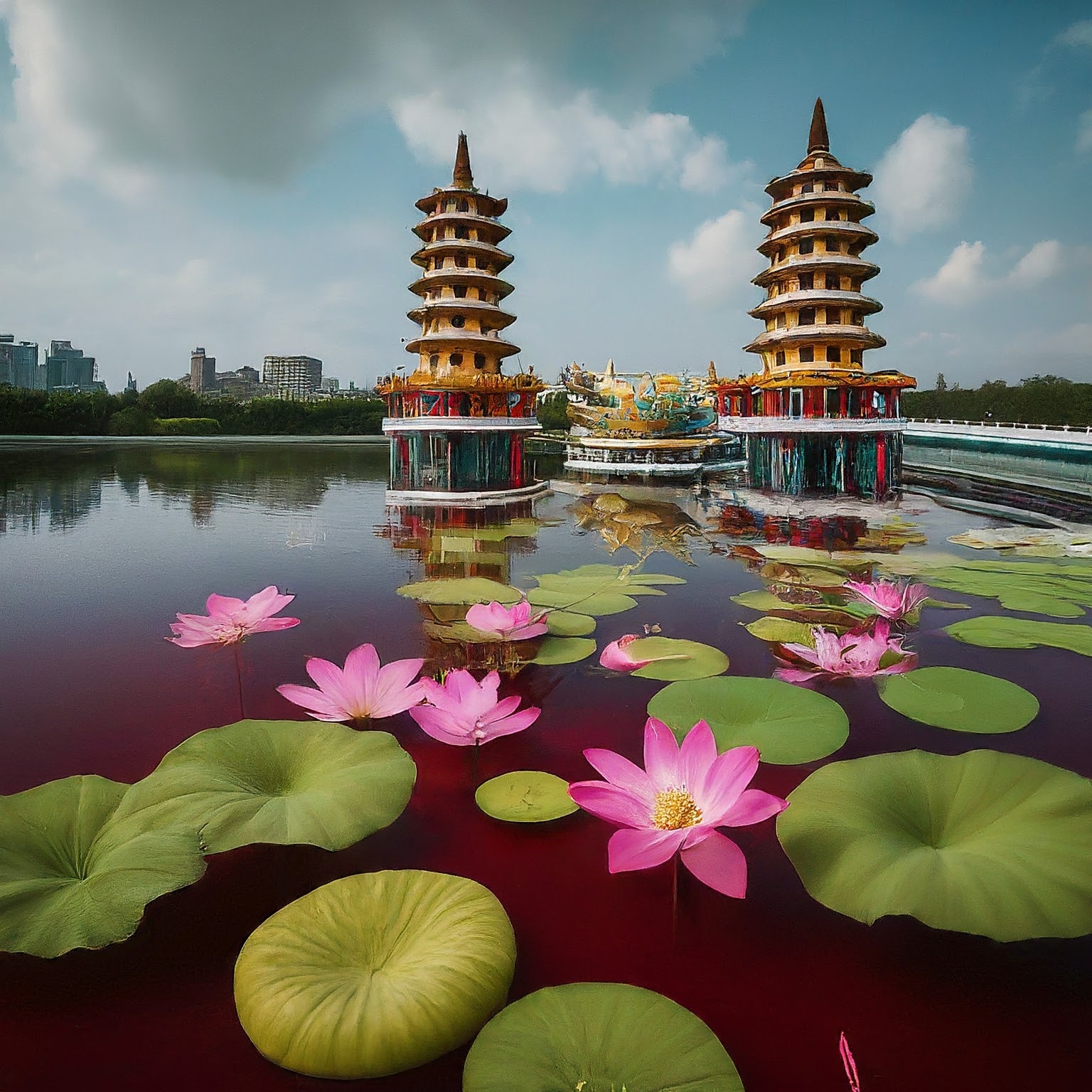 Kaohsiung Lotus Pond, Taiwan, with blooming lotus flowers, Dragon and Tiger Pagodas reflected in water.
