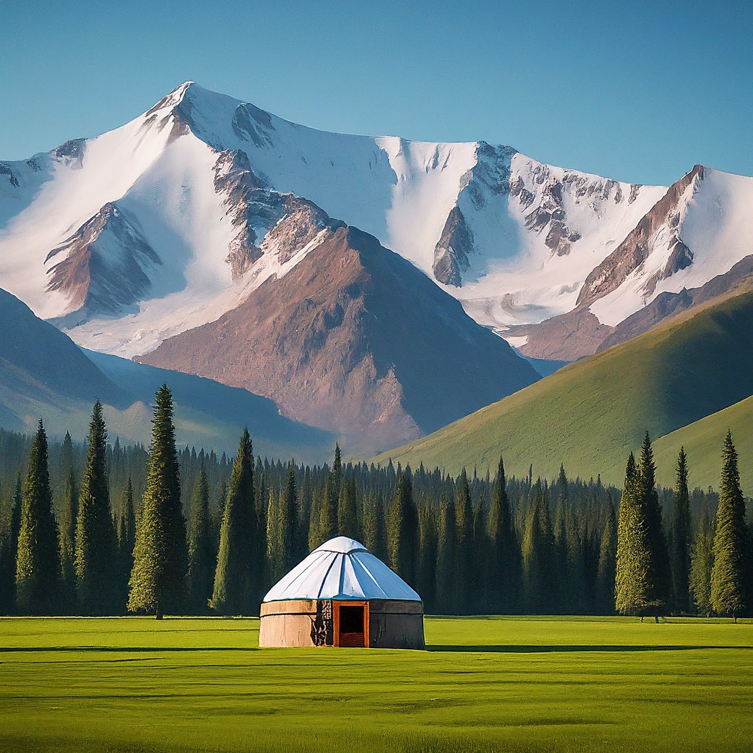Karakol, Kyrgyzstan: Tian Shan mountains with snow and a traditional yurt in a green meadow.
