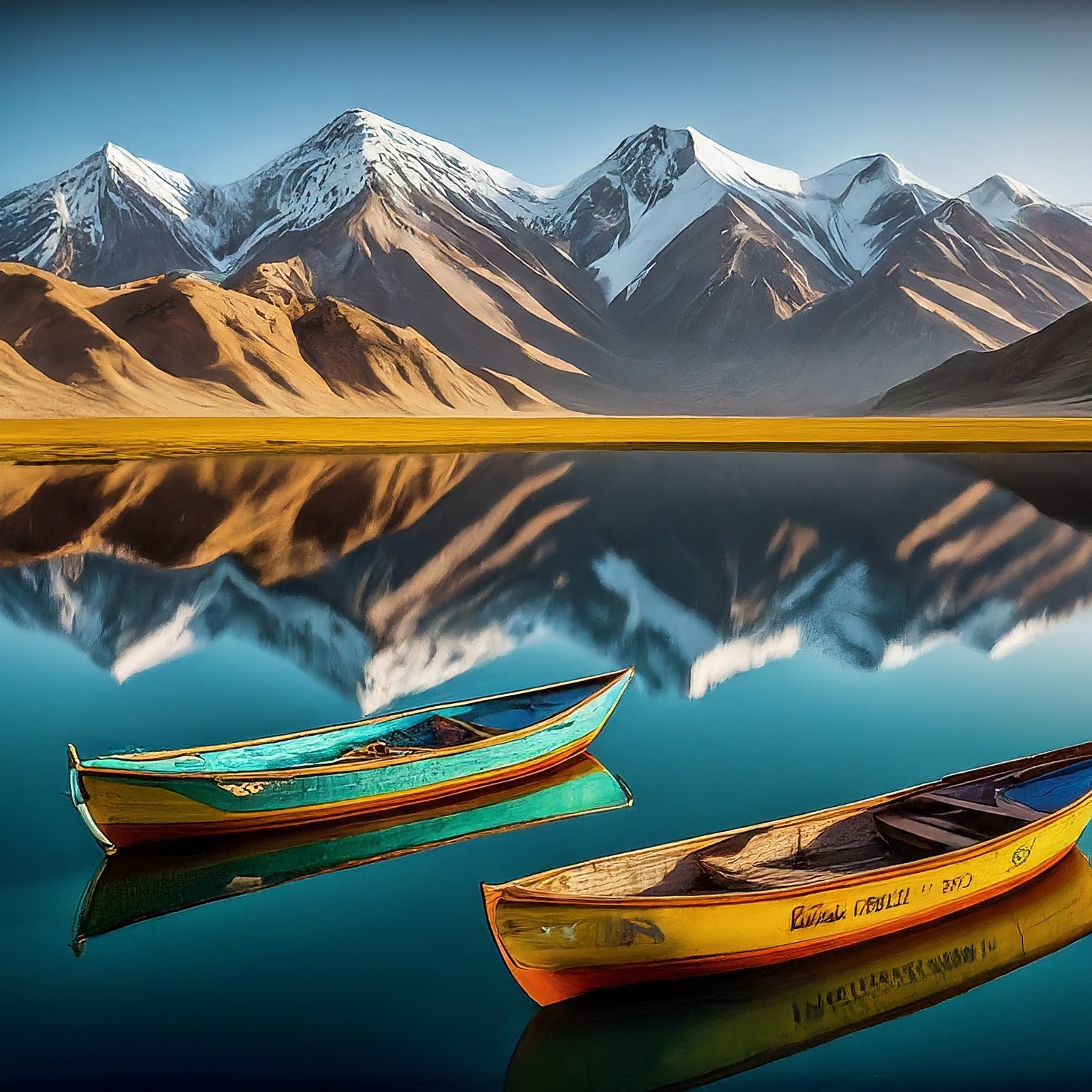 Sunrise over Karakul Lake, Tajikistan, with mountains reflected in the water and shepherd's boats.