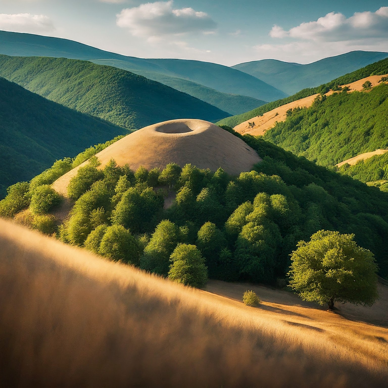 Valley of the Thracian Kings near Kazanlak, Bulgaria, with ancient tomb mounds.