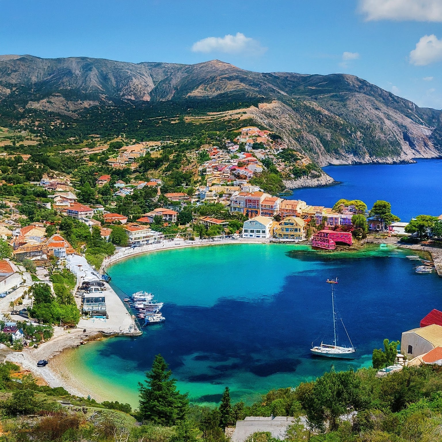 Assos village on Kefalonia Island, Greece, with colorful houses overlooking the Ionian Sea.