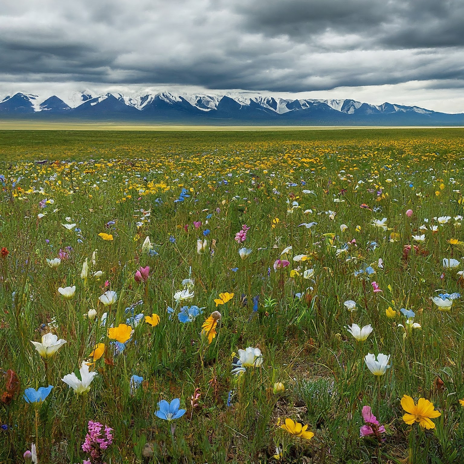 Lush green meadow with wildflowers in Khorgo Terkhiin Tsagaan Nuur National Park, Mongolia, with Khangai Mountains in the distance.