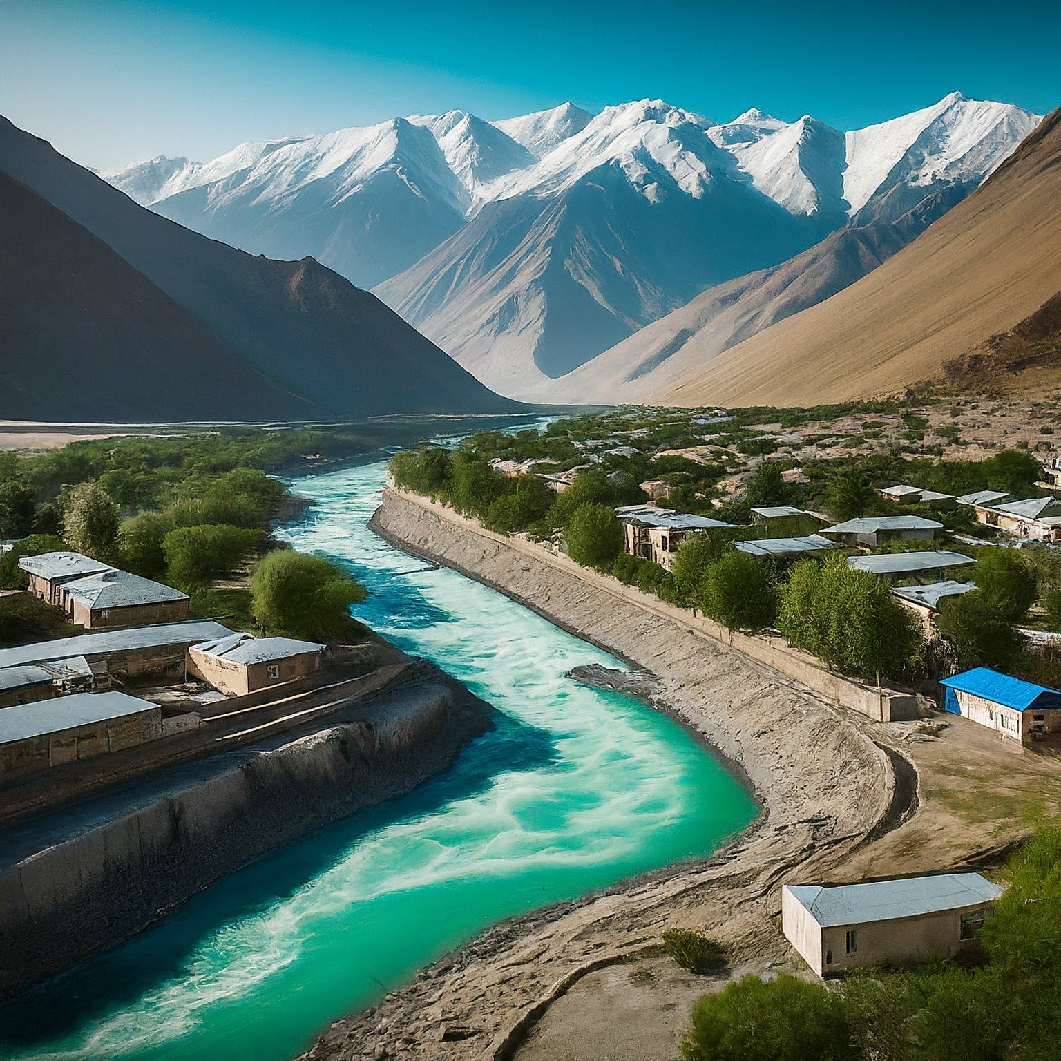 Panj River winding through Khorog, Tajikistan, with Pamir Mountains in the background.