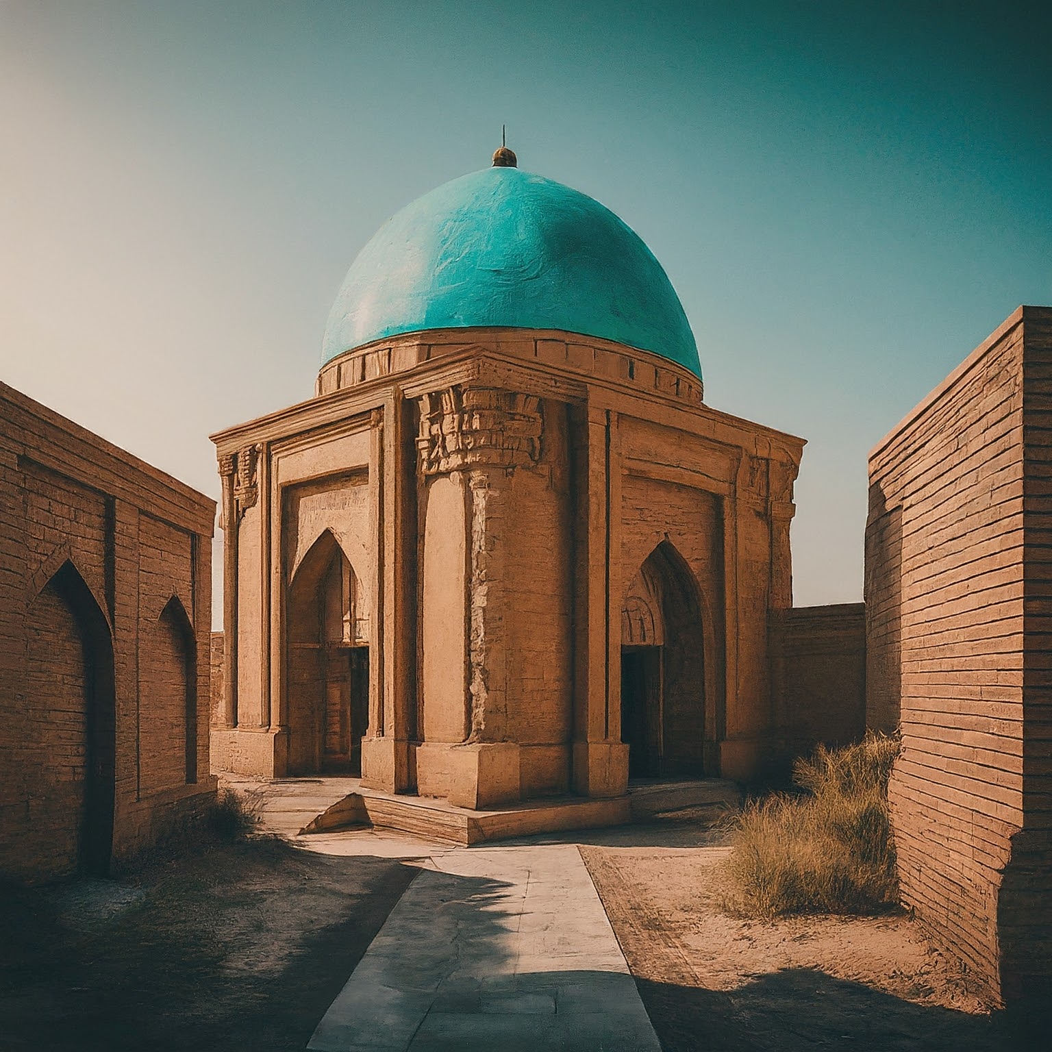 Sultan Tekesh Mausoleum in KonyeUrgench, Turkmenistan, with intricate brickwork and turquoise dome.