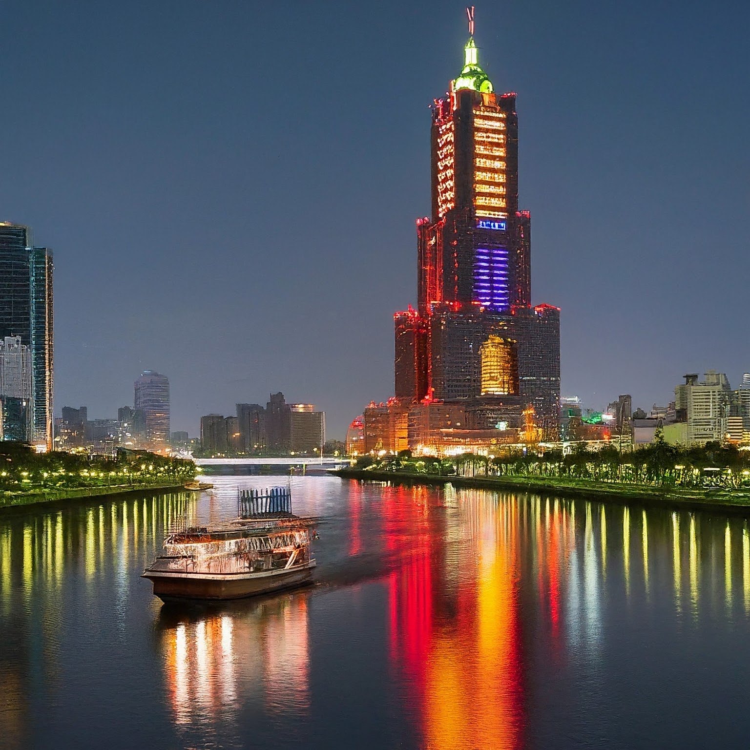 Romantic evening cruise on Love River, Kaohsiung, Taiwan, with city lights.