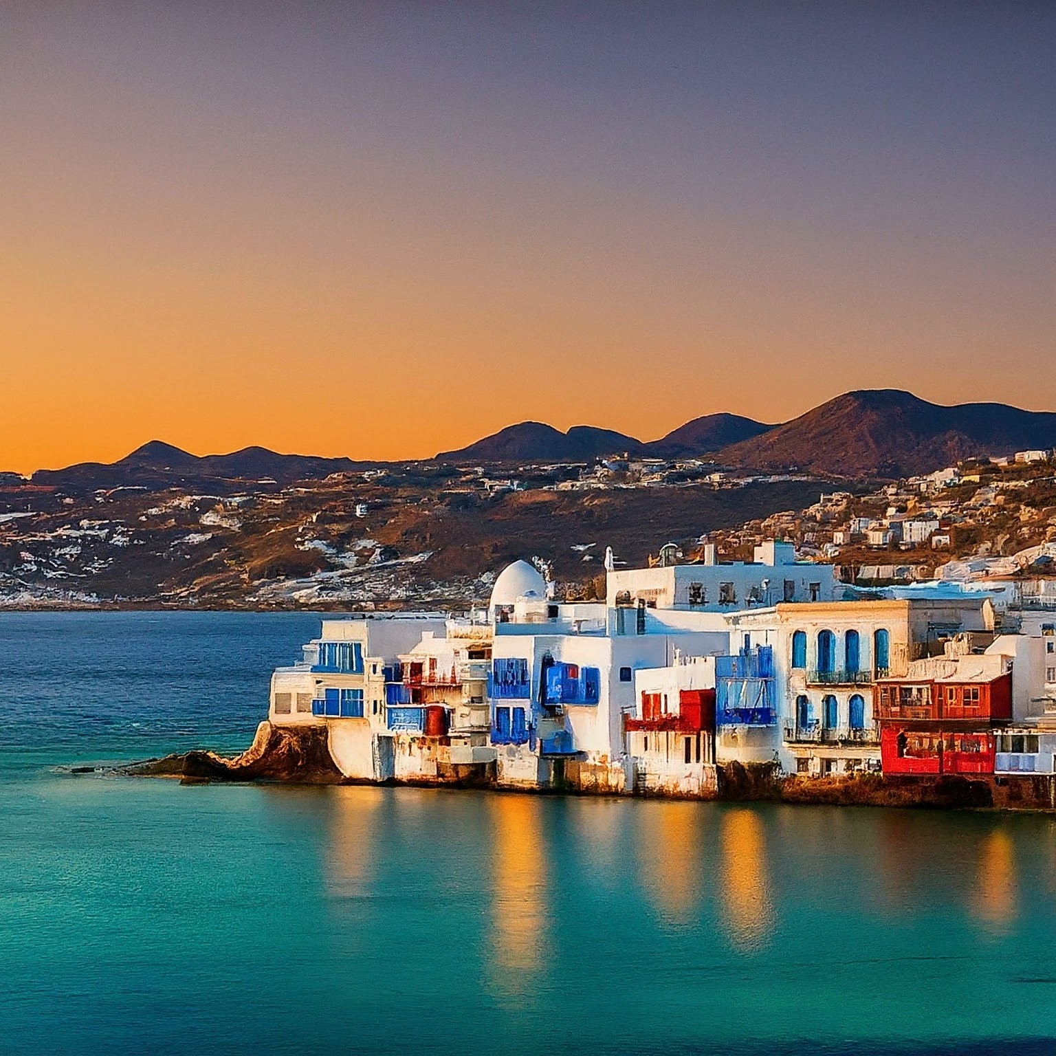 Mykonos town, Greece, at sunset with whitewashed houses, colorful balconies, and a harbor.