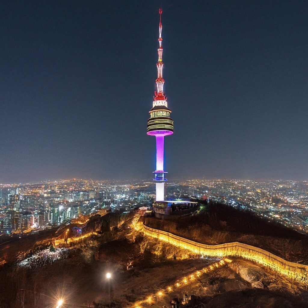 N Seoul Tower, South Korea, illuminated at night with cityscape view.