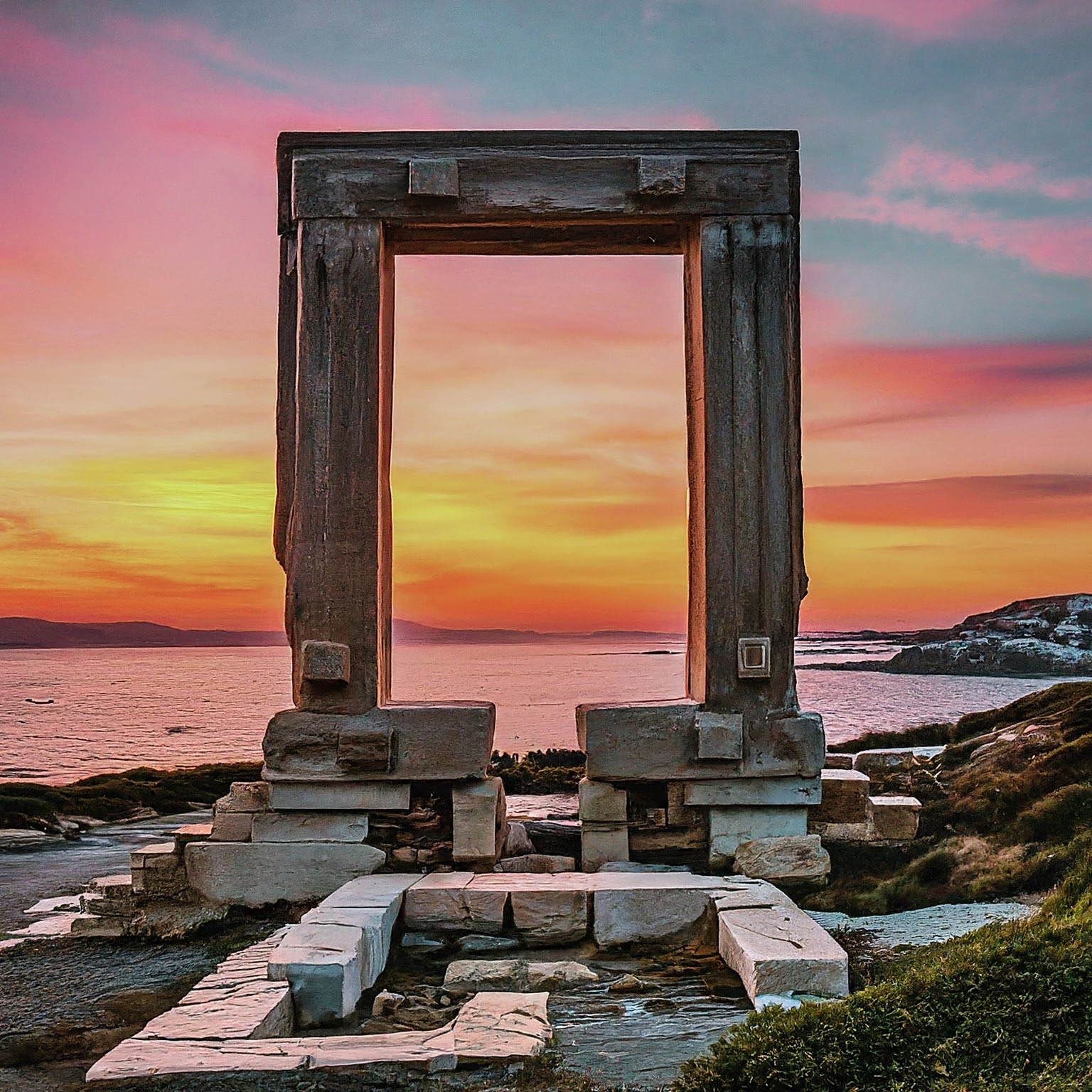 Portara, the Naxos Gate, at sunset in Naxos Island, Greece.