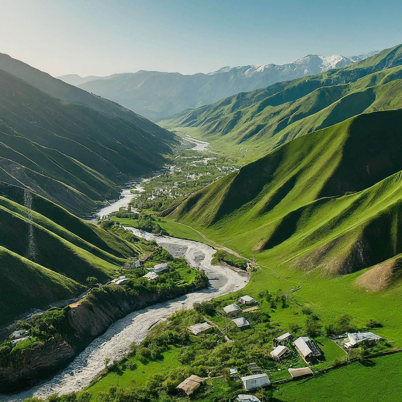 Lush green valley of Nuratau Mountains in Uzbekistan with villages, orchards, and river.