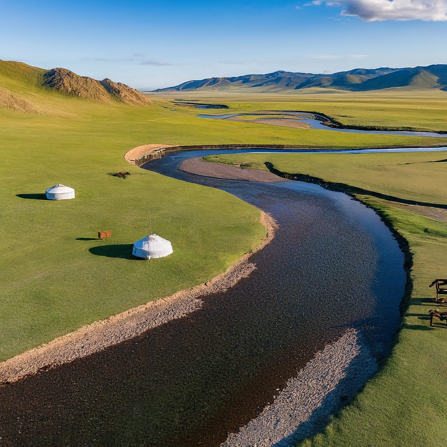 Orkhon Valley, Mongolia, with a winding river, grazing horses, and traditional gers.