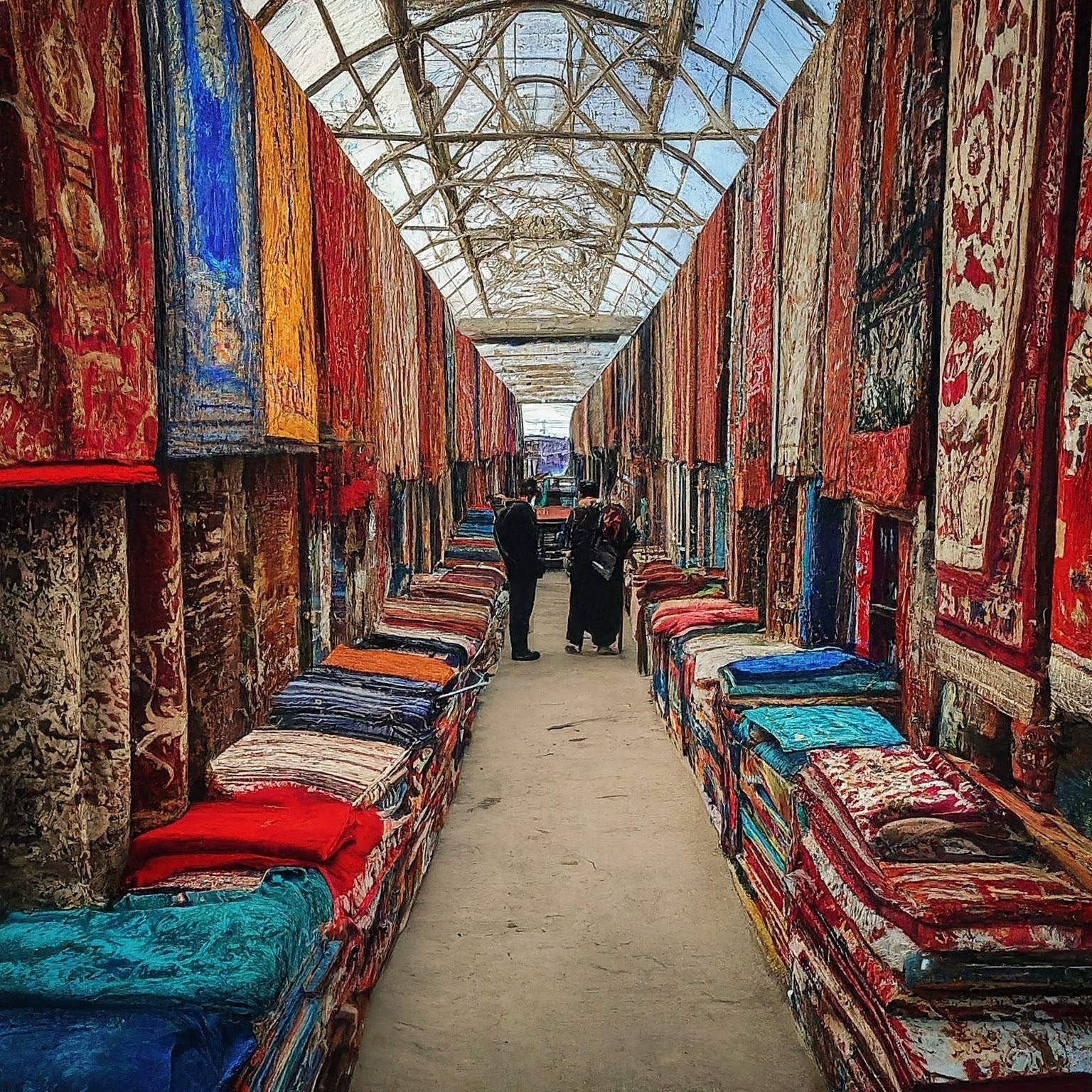 Shoppers browsing a section of Osh Bazaar, Kyrgyzstan, with fabrics, clothing, and carpets.