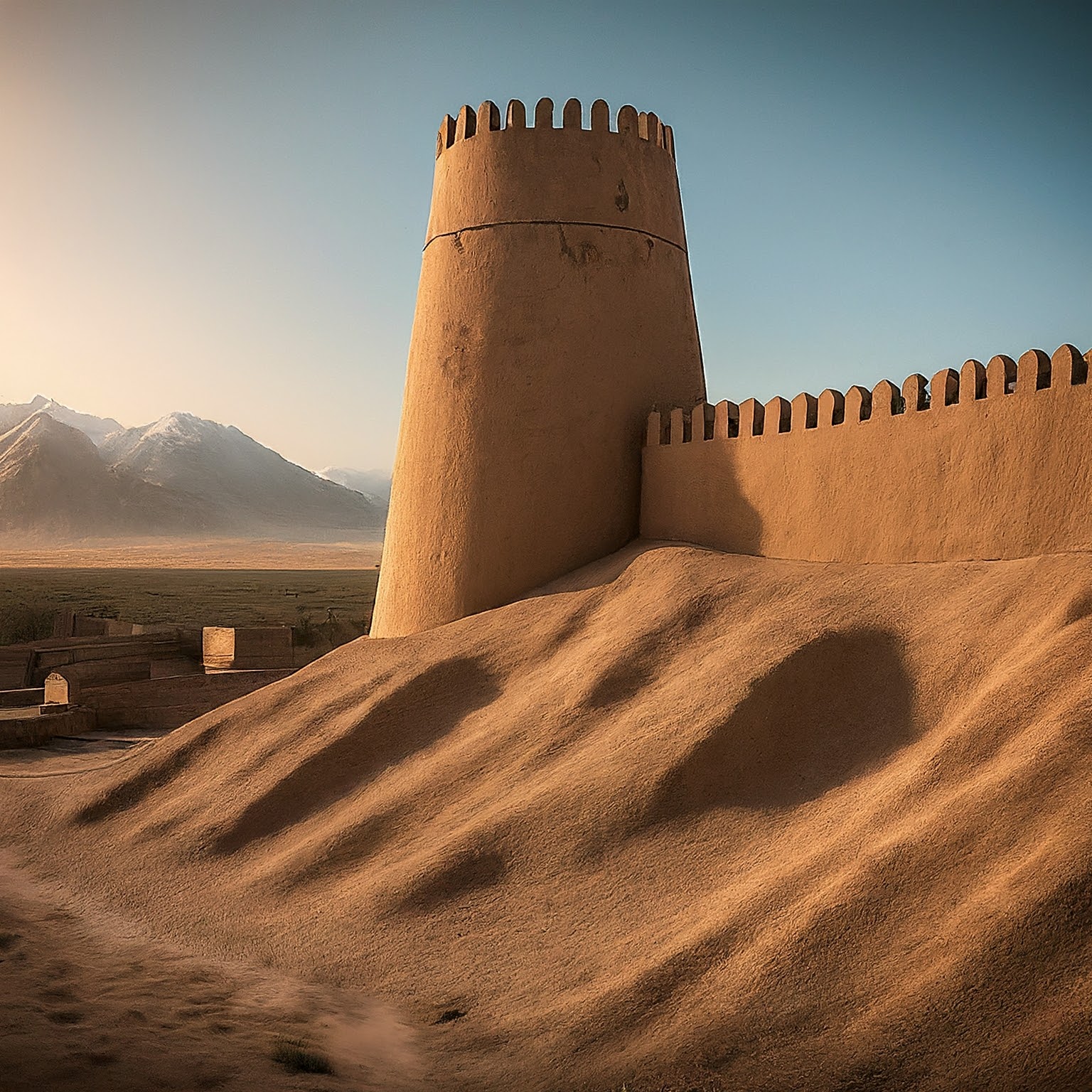 Ancient city of Panjakent, Tajikistan, with mudbrick citadel walls and towers.