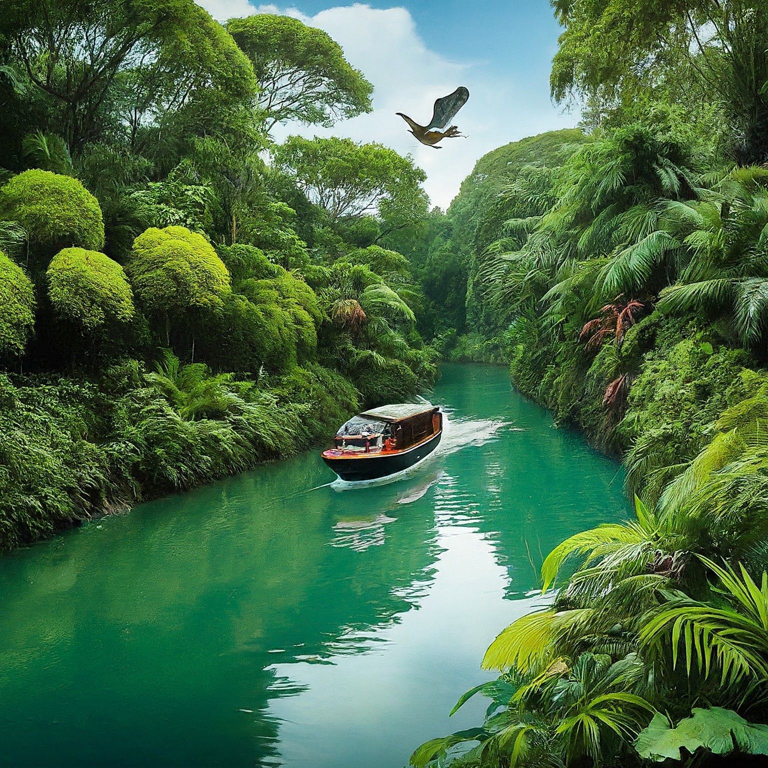 Riverboat cruise through the Singapore River Safari with rainforest and animals.