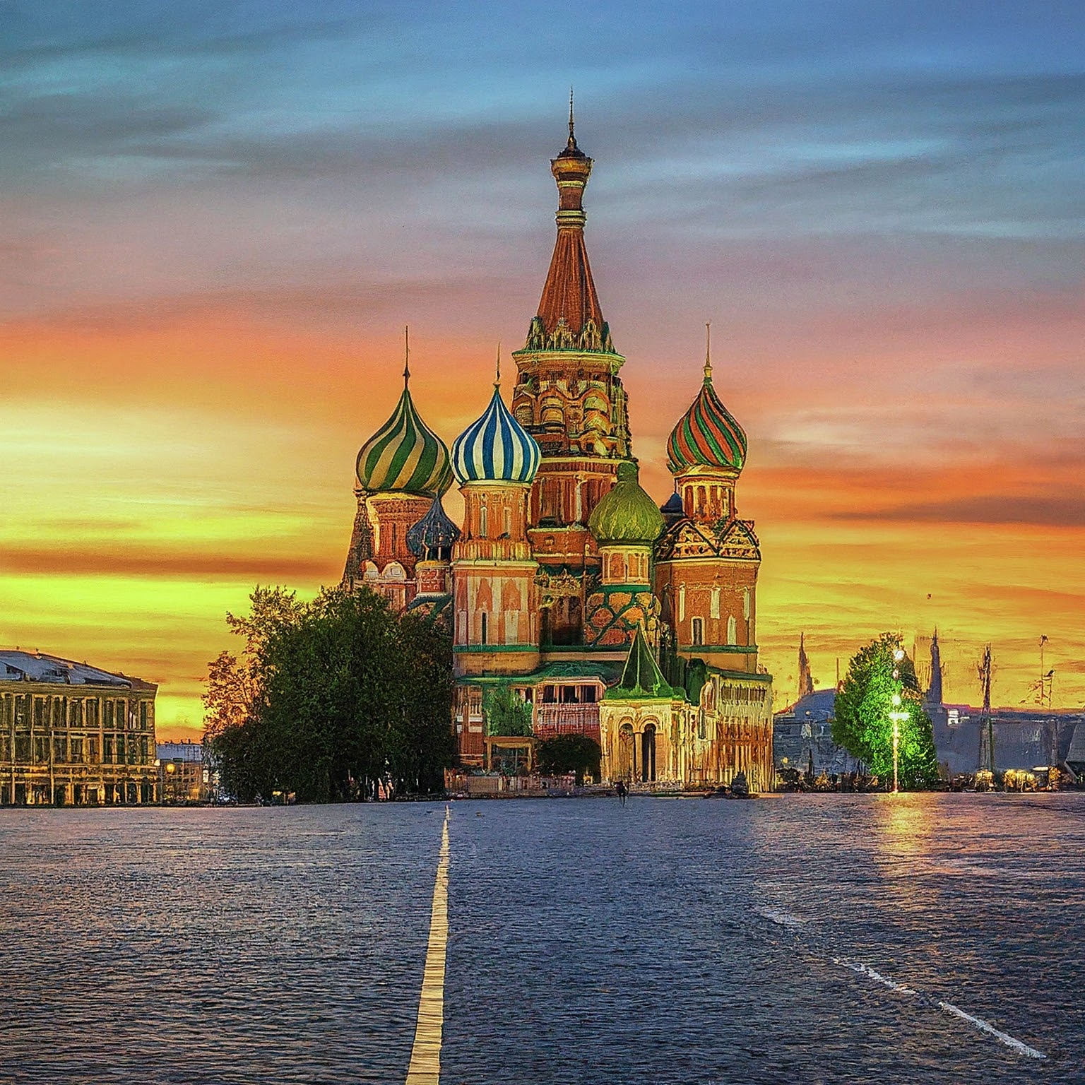 Photorealistic image of Saint Basil's Cathedral in Russia, featuring its colorful onion domes and ornate decorations.