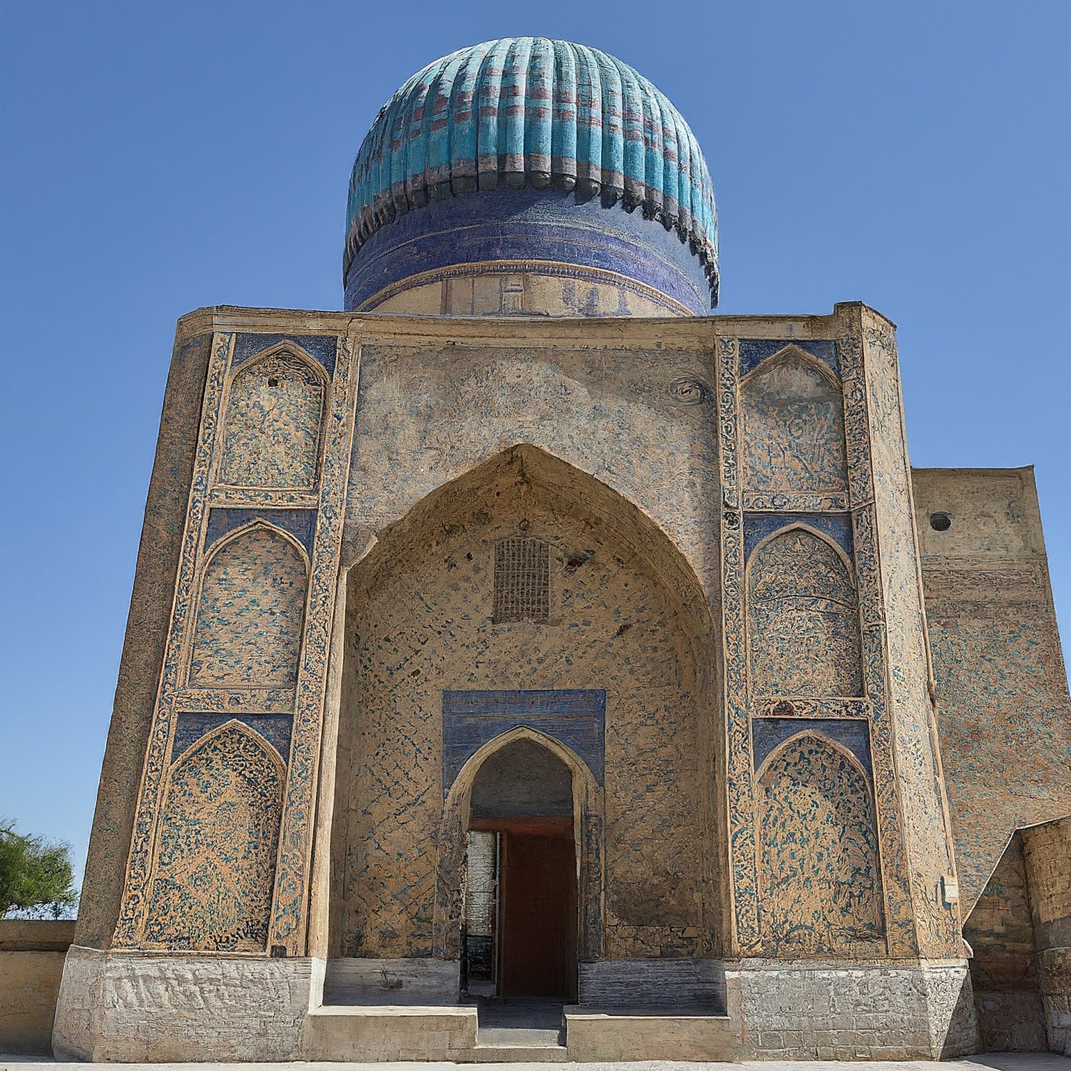 Bibi-Khanym Mosque in Samarkand, Uzbekistan, with grand portal, towering dome, and geometric patterns.
