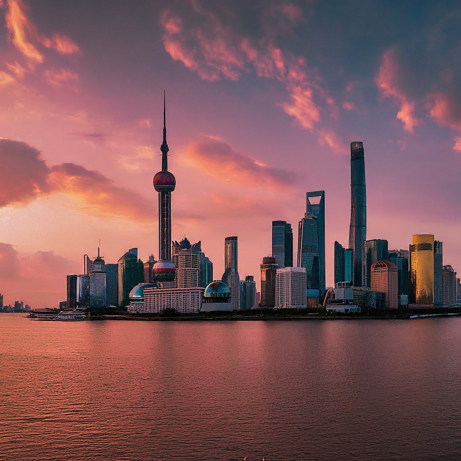 Shanghai skyline at dusk with the Oriental Pearl Tower illuminated.