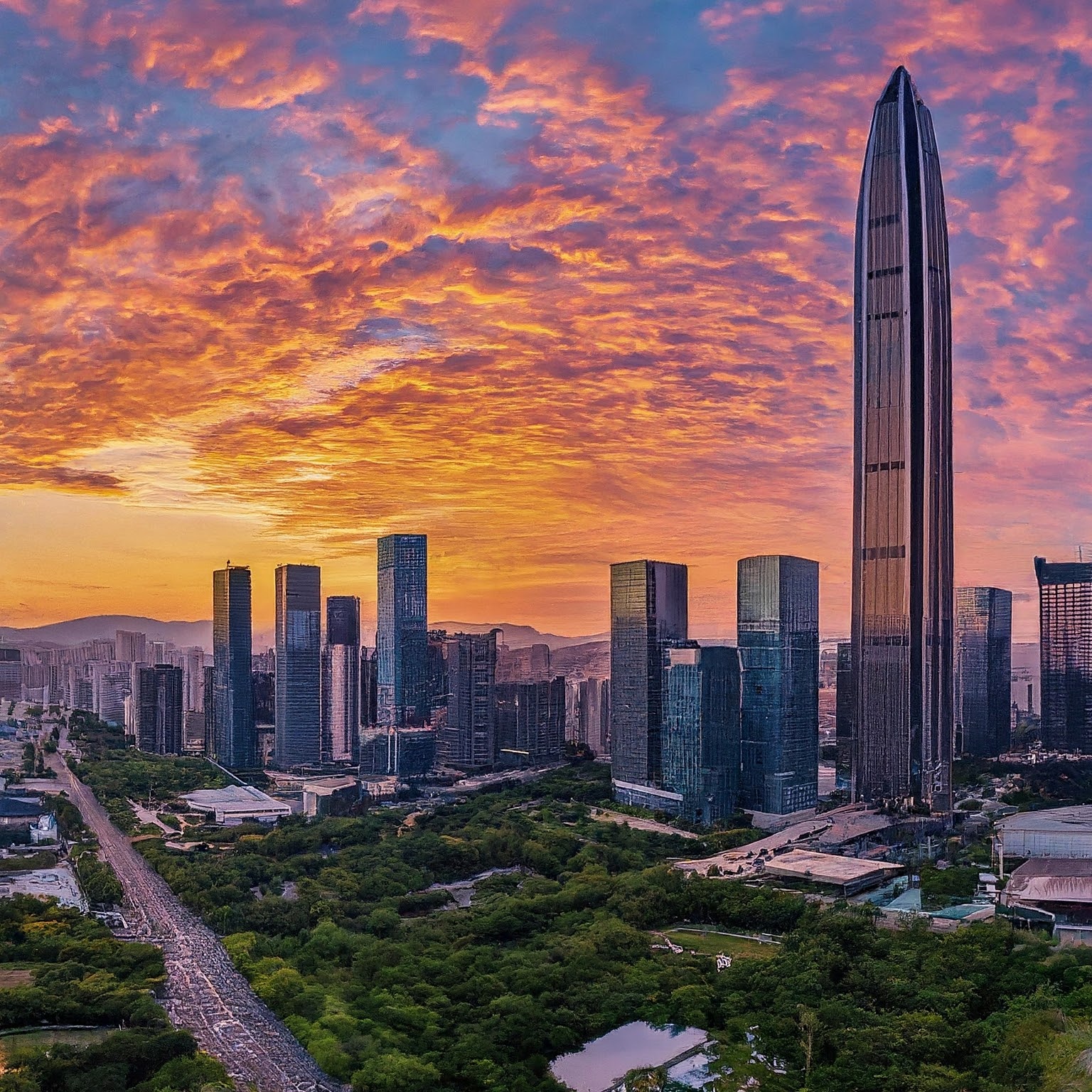 Shenzhen skyline at dusk with futuristic skyscrapers.