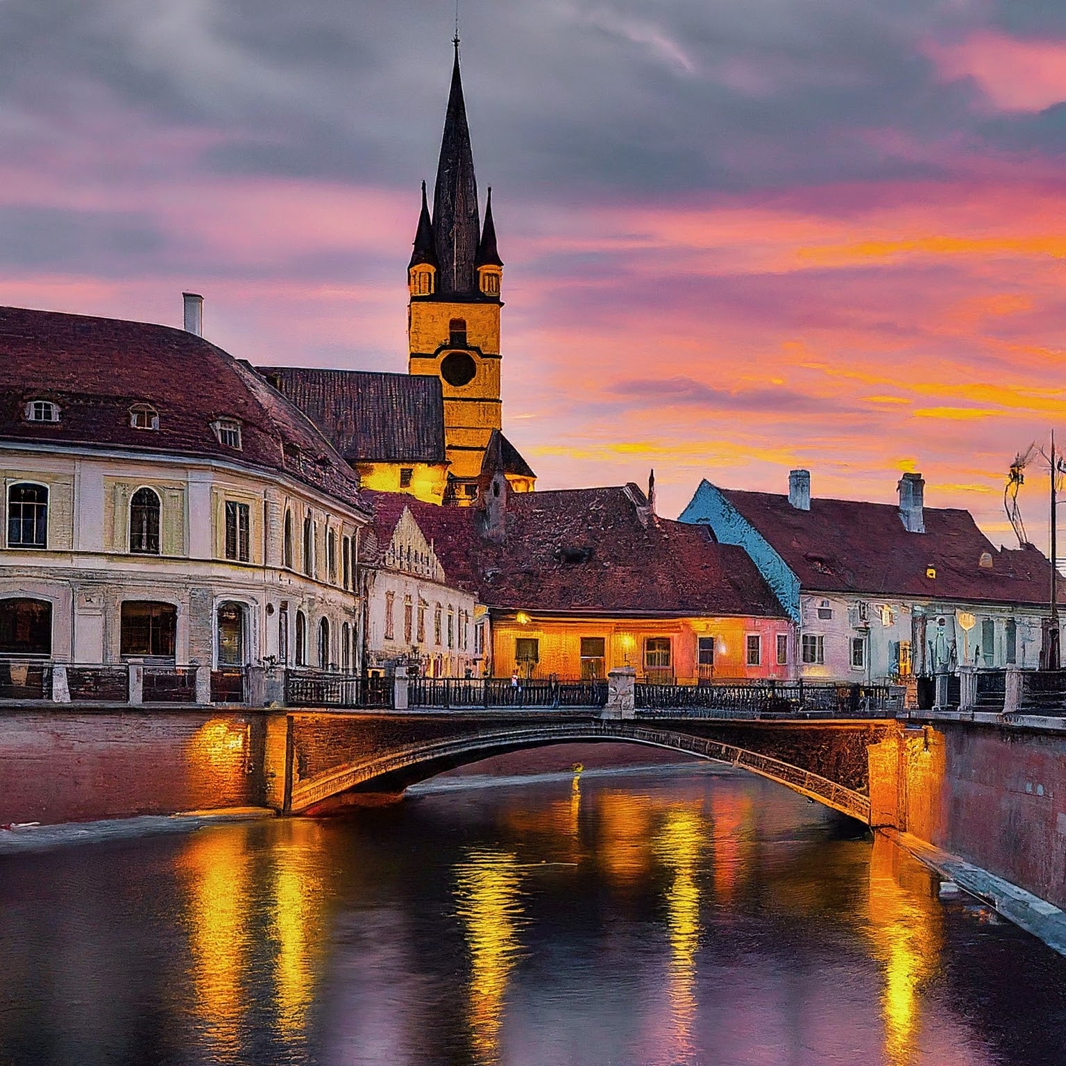 Bridge of Lies in Sibiu, Romania, at dusk with colorful sunset.