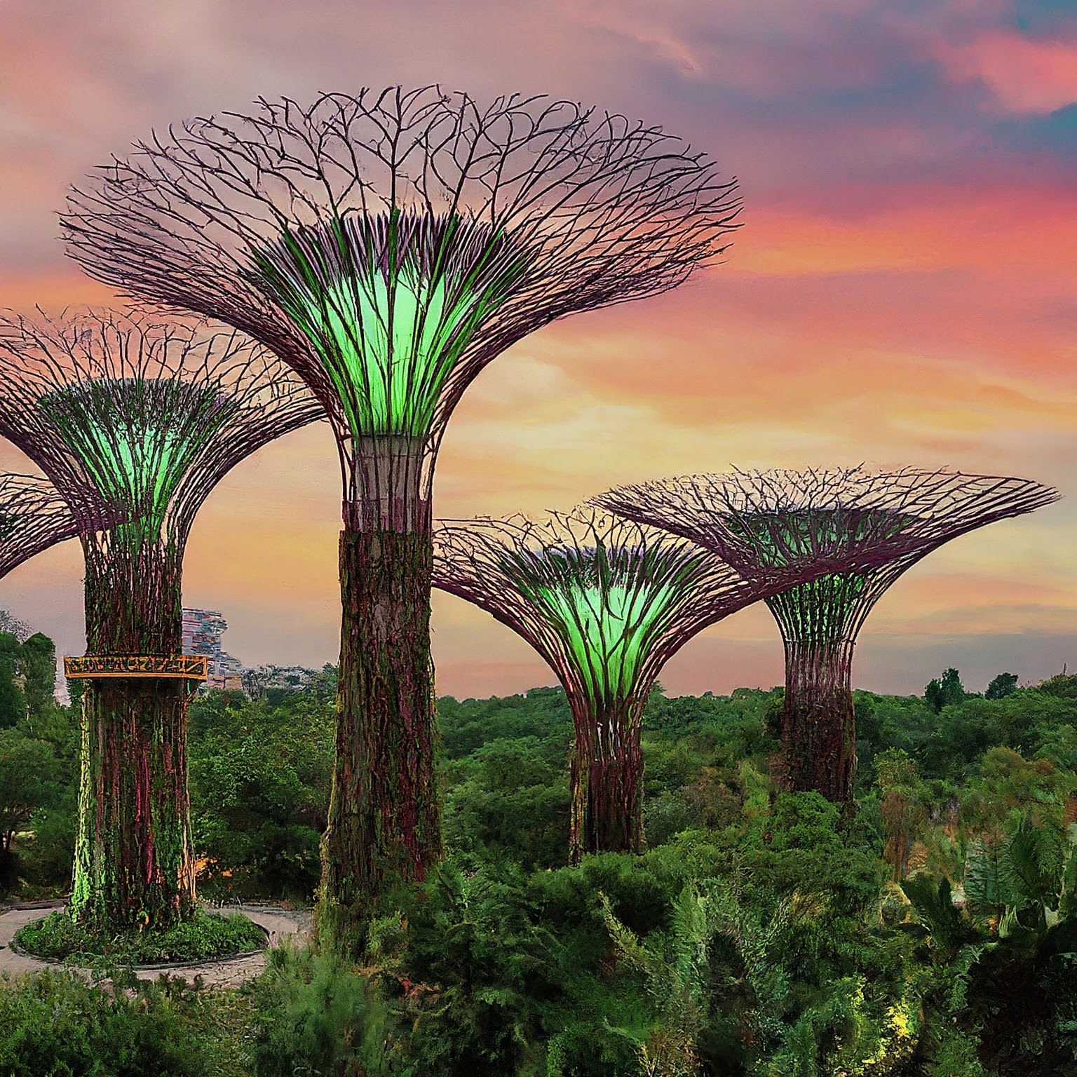 Panoramic view of Supertrees Grove at sunset in the Singapore Botanic Gardens.
