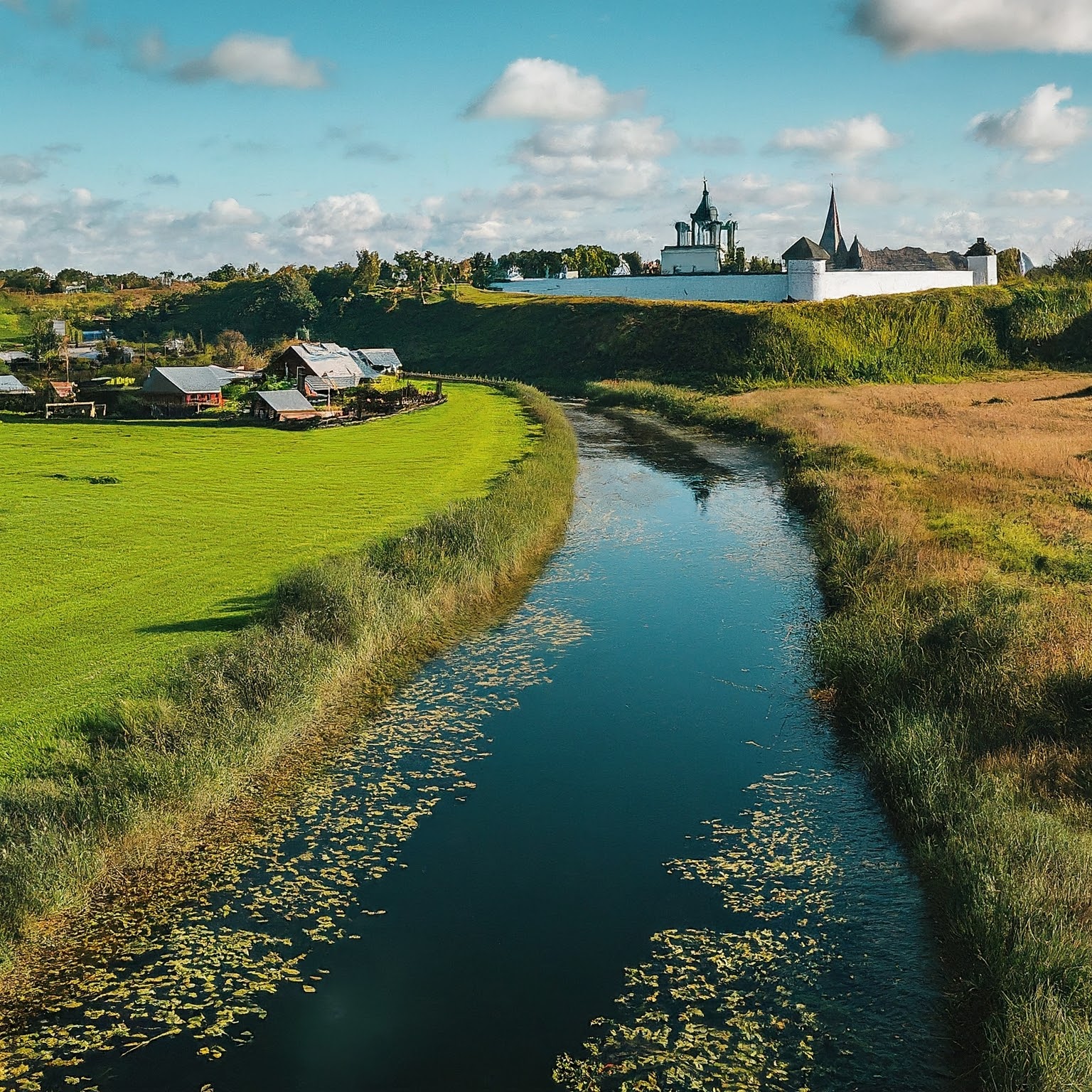 Peaceful landscape near Suzdal, Russia: river, meadows, and a monastery.