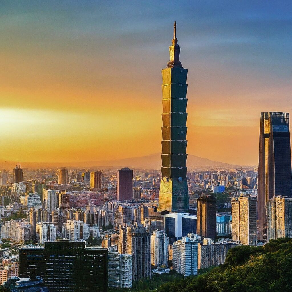 Taipei 101 skyscraper in Taipei, Taiwan, at sunset with colorful reflections.
