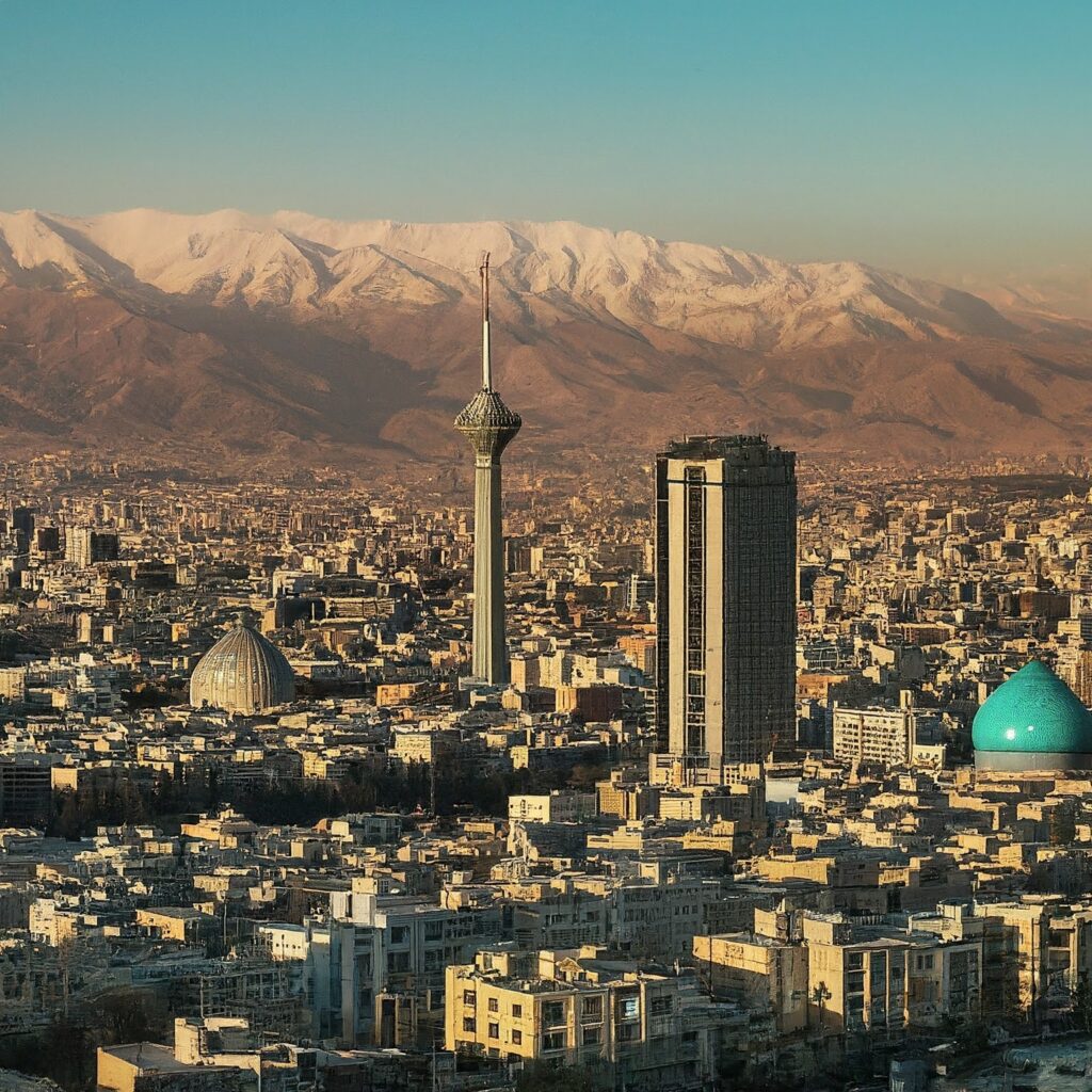 Panoramic view of Tehran's cityscape at sunset, Iran, with mountains and contrasting architecture.
