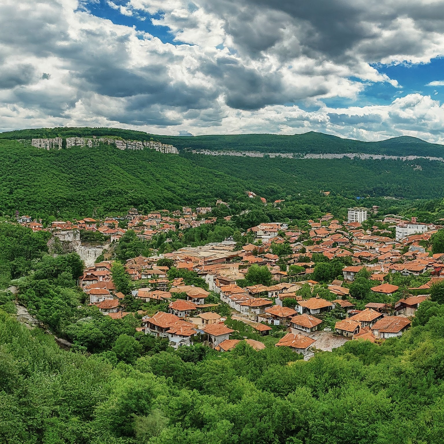 Panoramic view of Tryavna, Bulgaria, nestled in the Balkan Mountains.