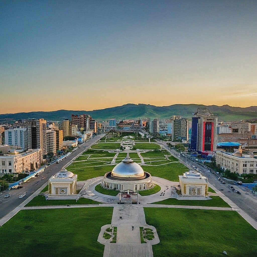 Sukhbaatar Square, a central square with Chinggis Khaan statue in Ulaanbaatar, Mongolia.