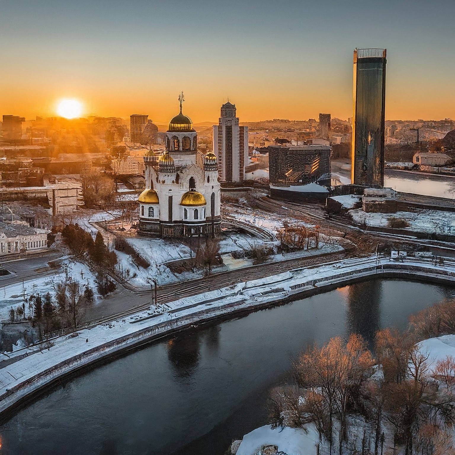 Sunset view of Yekaterinburg, Russia, with the Church on the Blood and Iset River.