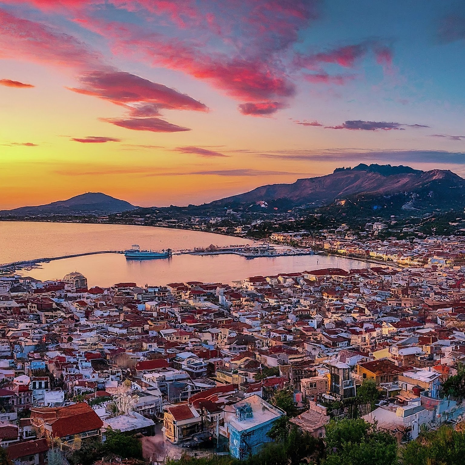 Vibrant sunset over Zakynthos Town, Greece, with colorful houses and sailboats in harbor.
