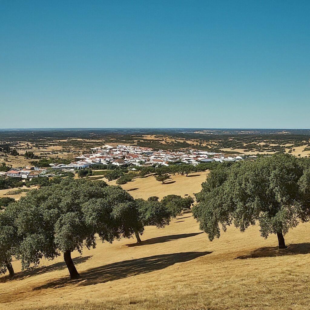 A panoramic landscape showcasing the rolling plains, cork oak trees, and quaint whitewashed villages of Alentejo, Portugal.