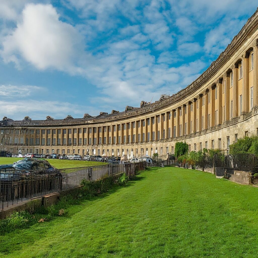 Roman Baths in Bath, UK with steaming thermal waters and tourists.