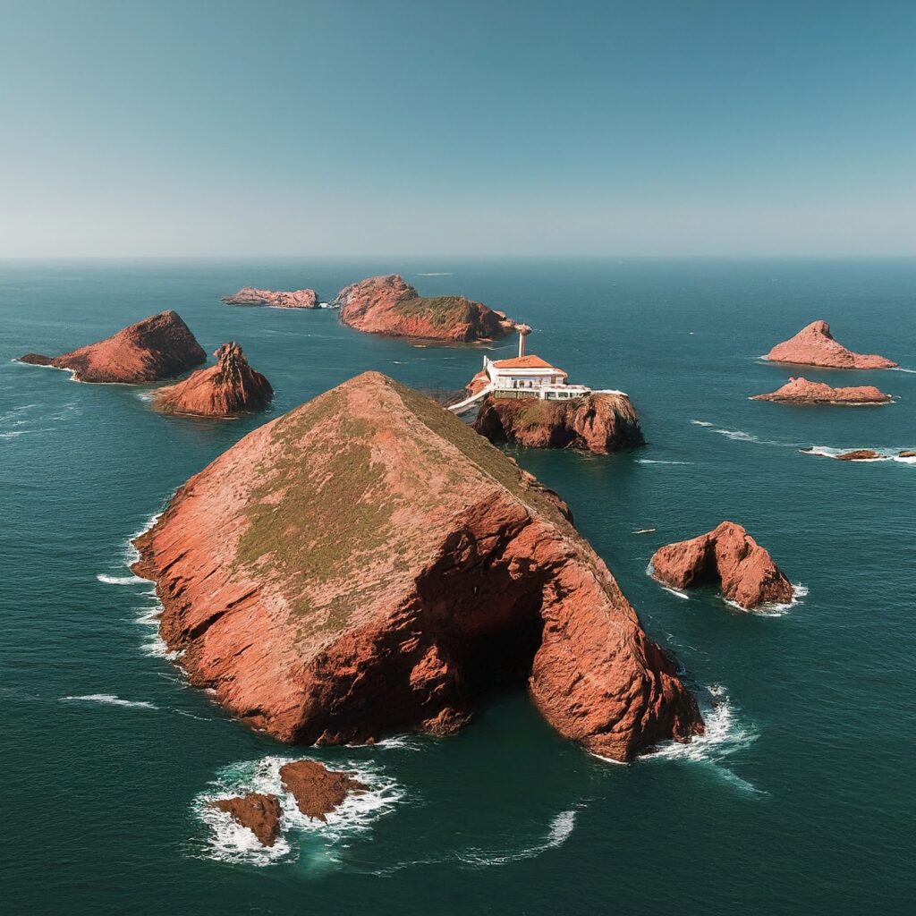 The dramatic cliffs and crystal-clear waters of the Berlengas Islands, Portugal, with the historic Fort of São João Baptista standing guard.