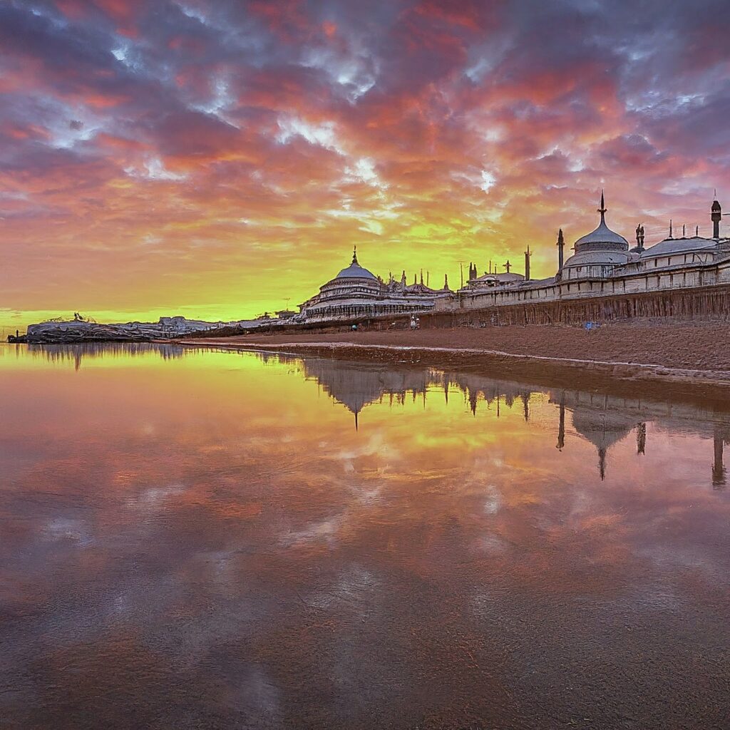A vibrant scene of Brighton, UK, showcasing the iconic Brighton Pier and the Royal Pavilion.