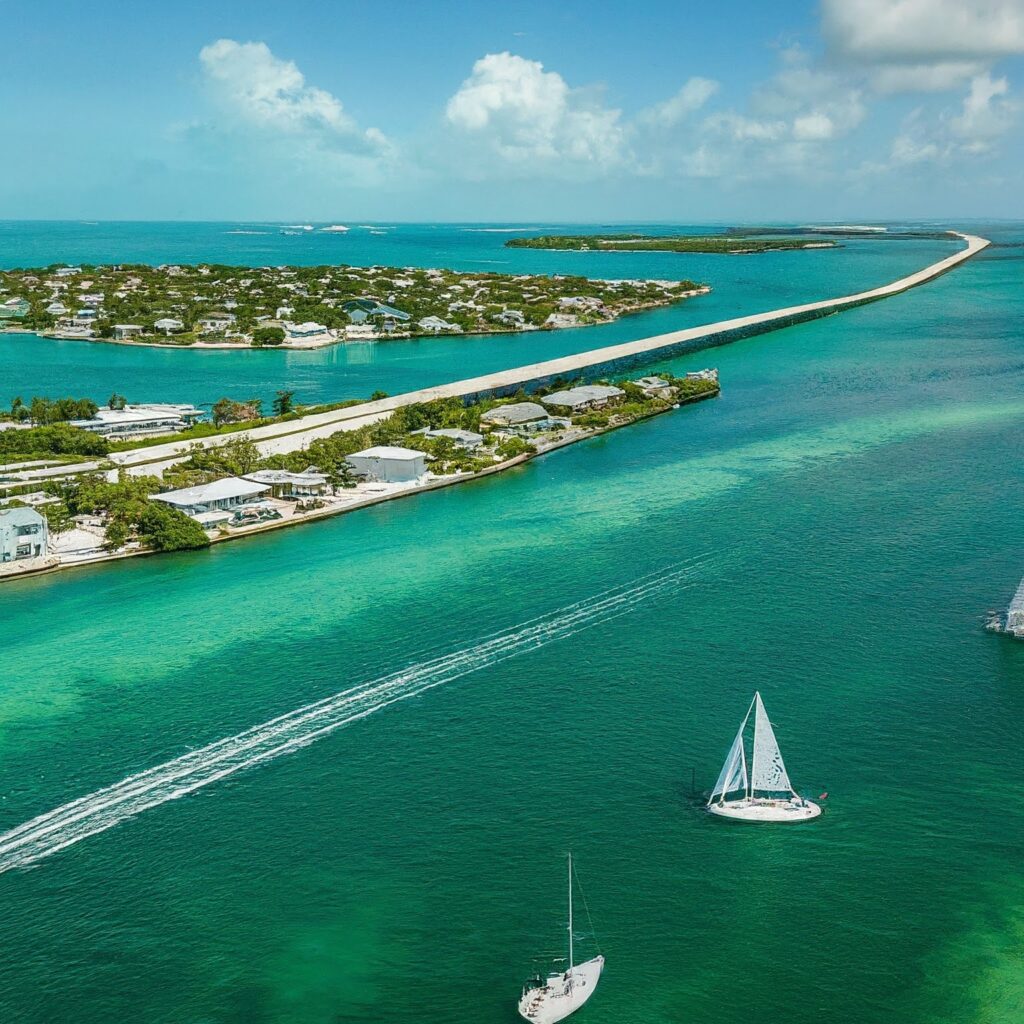 Panoramic view of the Florida Keys in the USA, with turquoise water, a bridge connecting islands, and colorful beach houses.